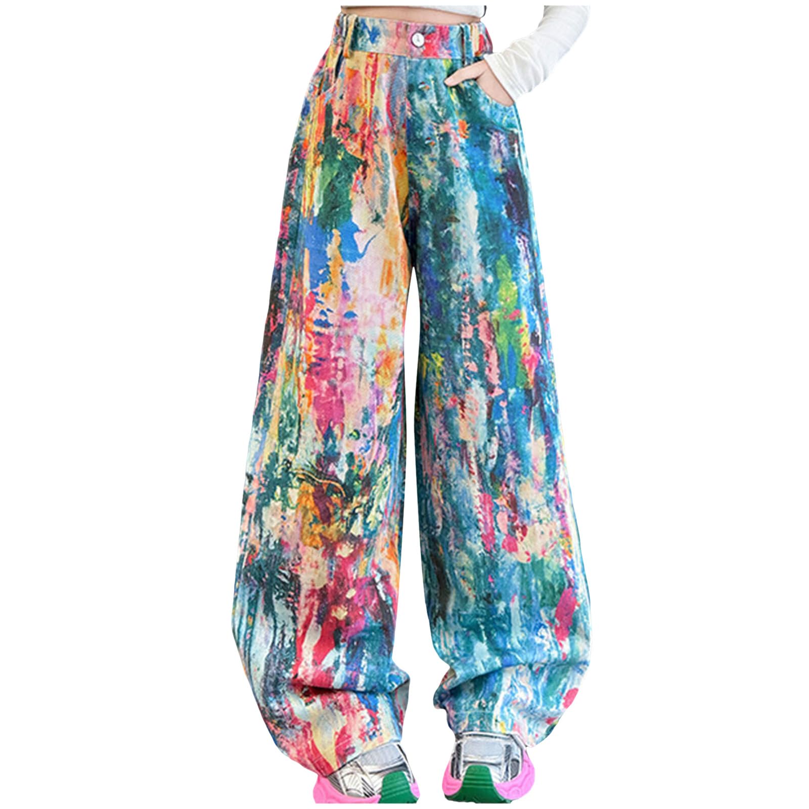 Pantalones Vaqueros Holgados para NiñAs, TeñIdo Tie-Dye Colorido Estilo, De Cintura Alta, De Pierna Ancha, Holgados, Estilo Streetwear, Vaqueros De Mezclilla, Ropa Hip Hop, para Adolescentes
