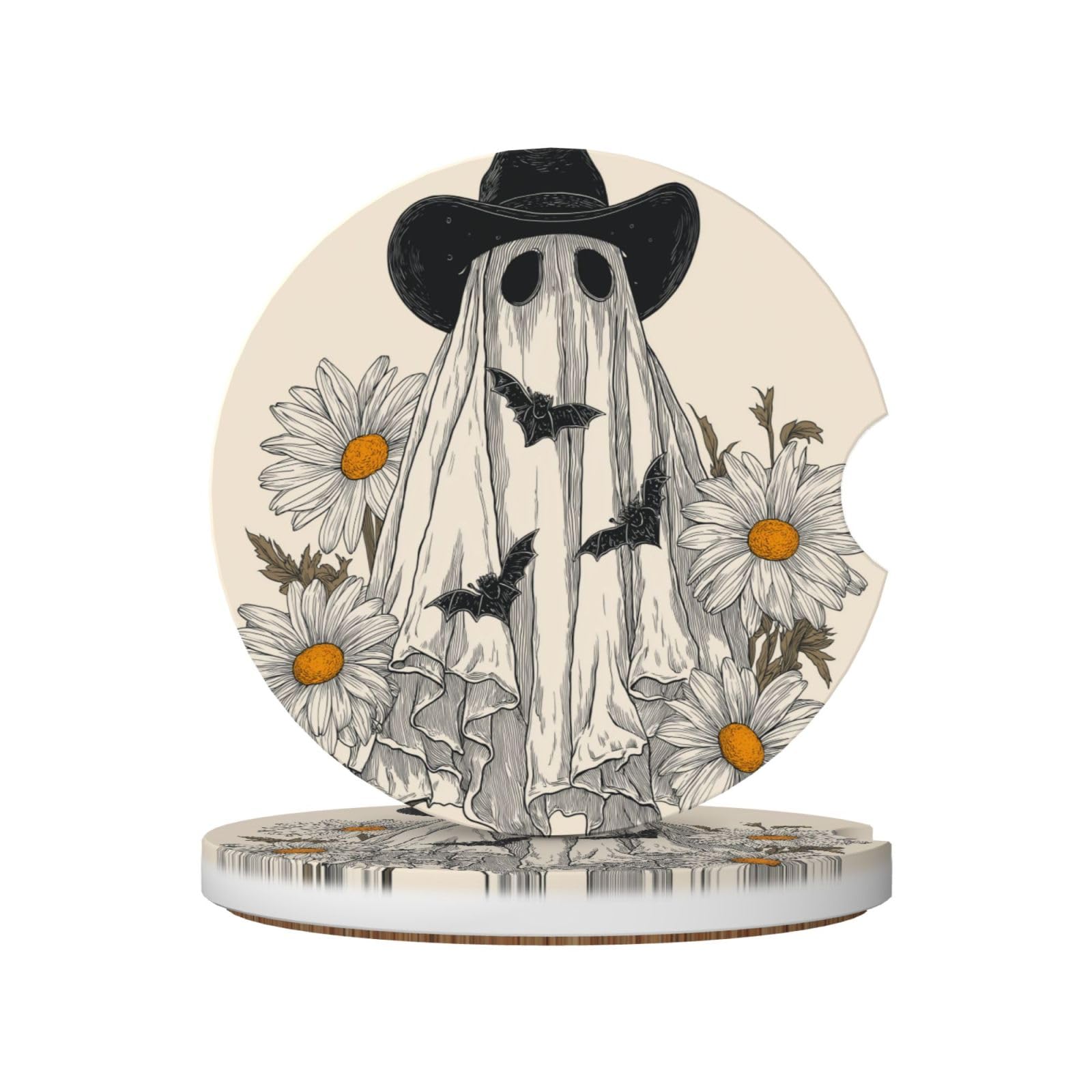 Vintage Ghost Black Cowboy Hat White Daisies Ceramic Coasters,2pcs