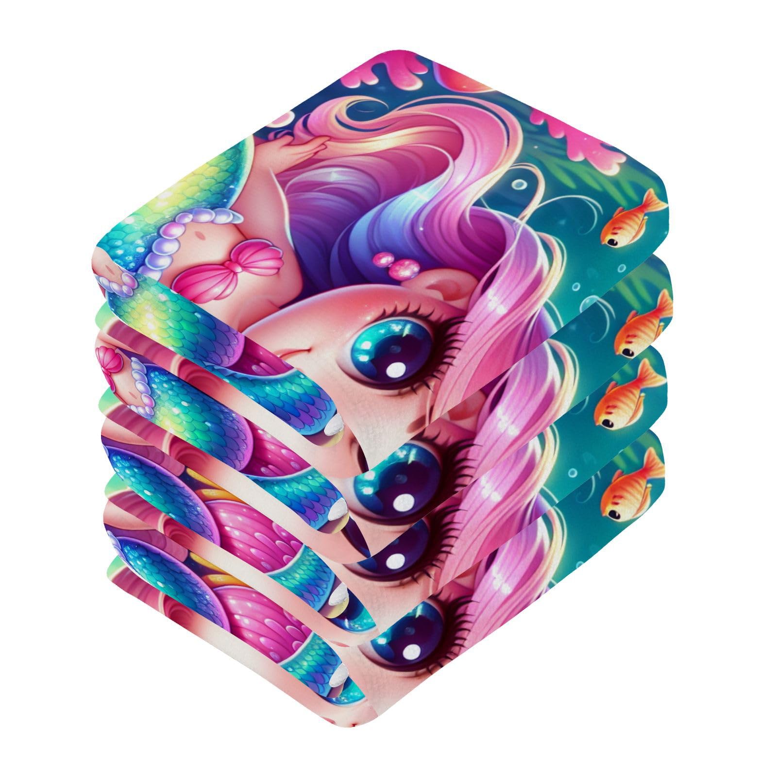 YANENDIE Cute Cartoon Mermaid Washcloths Towels, Highly Absorbent and Soft Cotton Face Cloths, 4 Pack Quick Dry Wash Cloths - 12 X 12 Inches
