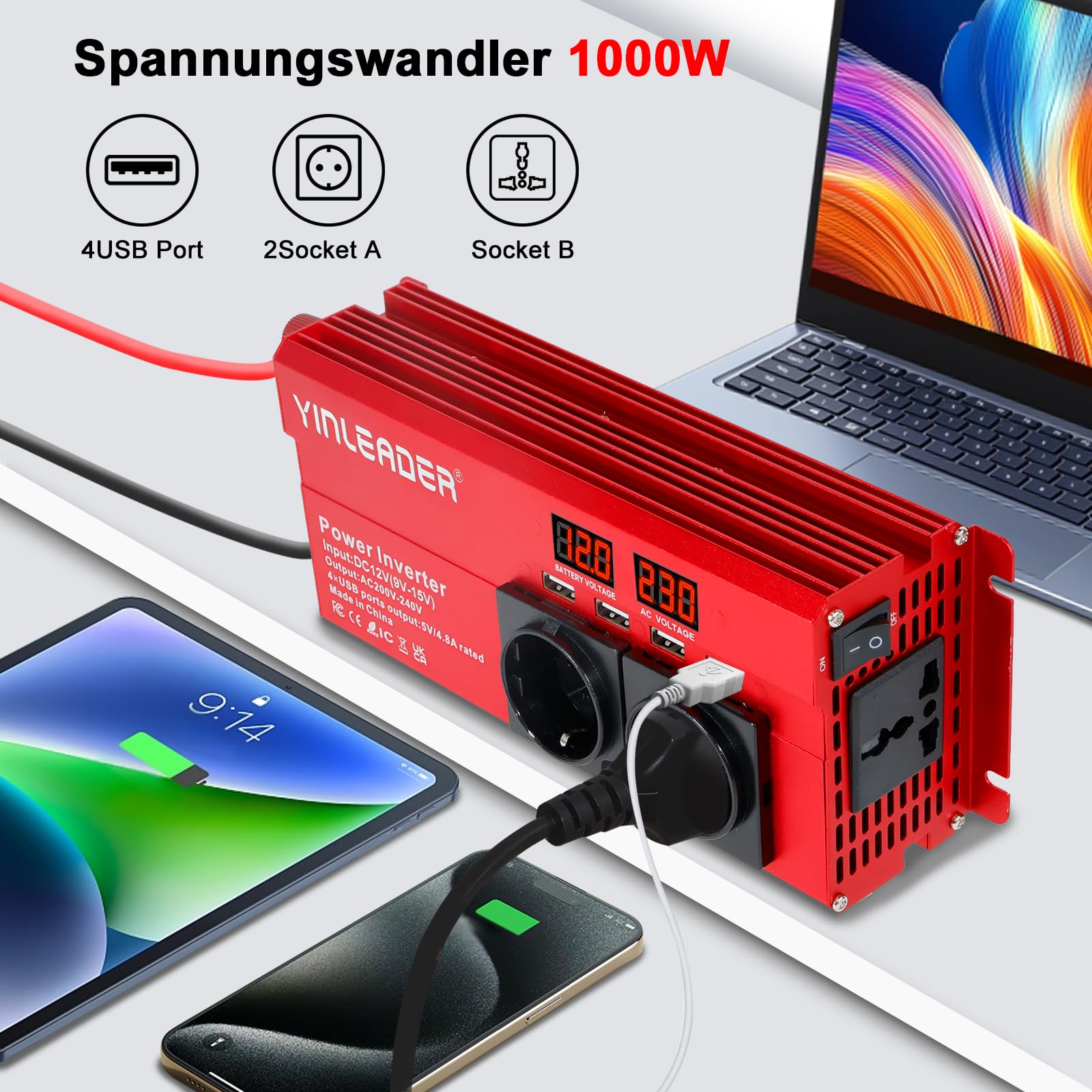 Convertisseur de tension 12 V 230 V 1000 W/2000 W Onduleur avec 2 prises et 4 voyants de tension LED USB