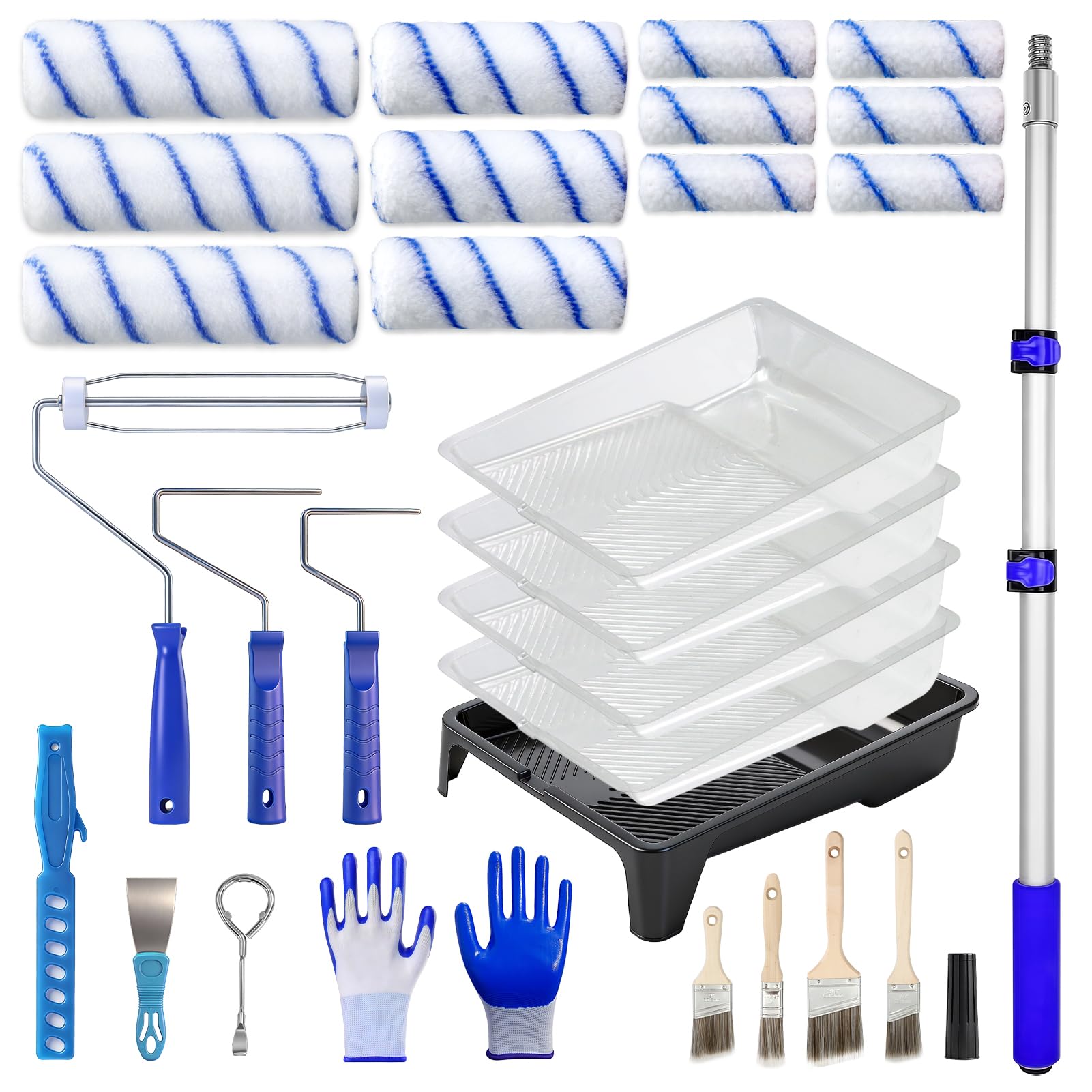 30 Piece Paint Roller Kit with 3.93Ft Extension Pole,9"&6"&4" Microfiber Rollers,Painting Tray and Liners, 4Pcs Brushes and Gloves, Professional House Paint Supplies for Wall/Ceilings/Home Renovation