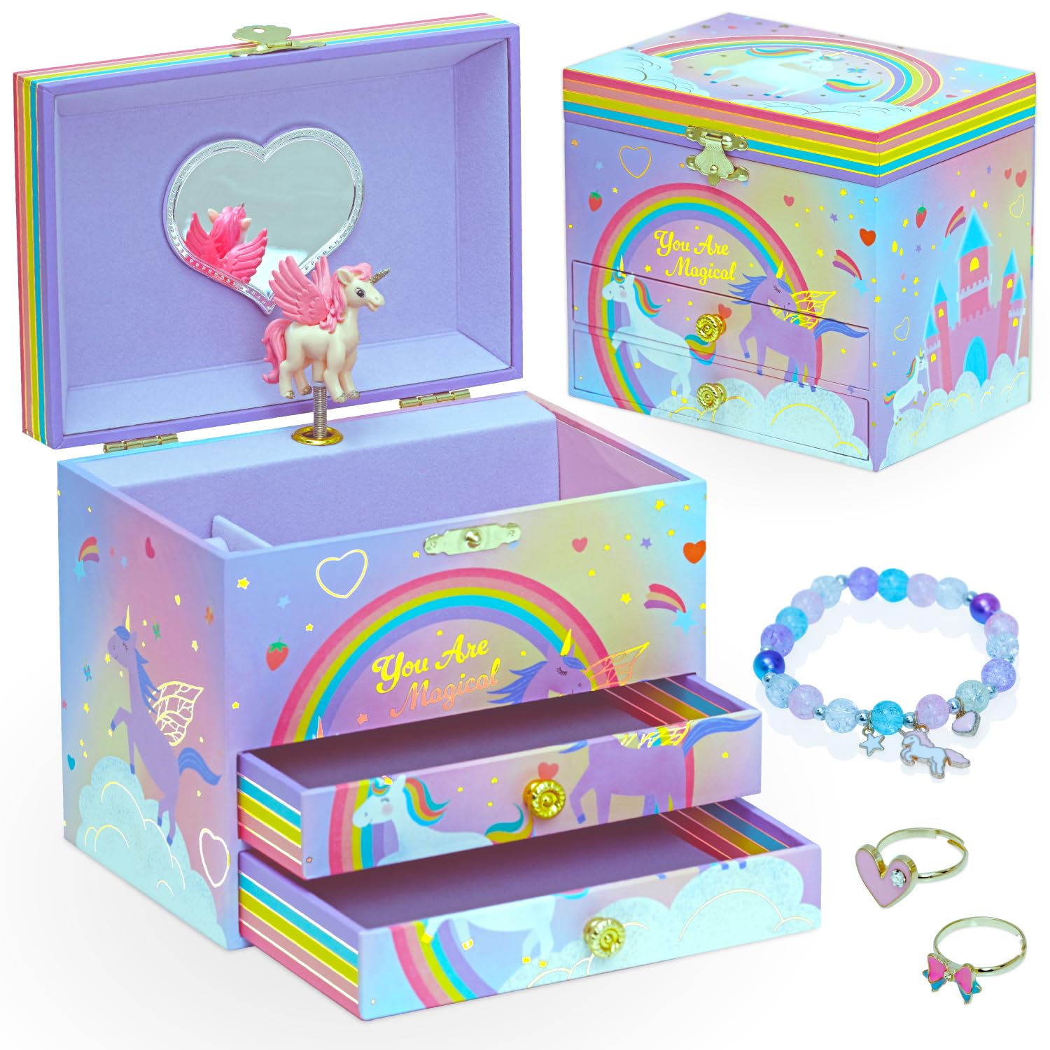 Musical Jewellery Box - Unicorn Jewellery Box For Girls - Large Kids Jewellery Music Box With 2 Pullout Drawers - Includes Unicorn Jewellery Bracelet & Rings - Birthday Gifts For Girls
