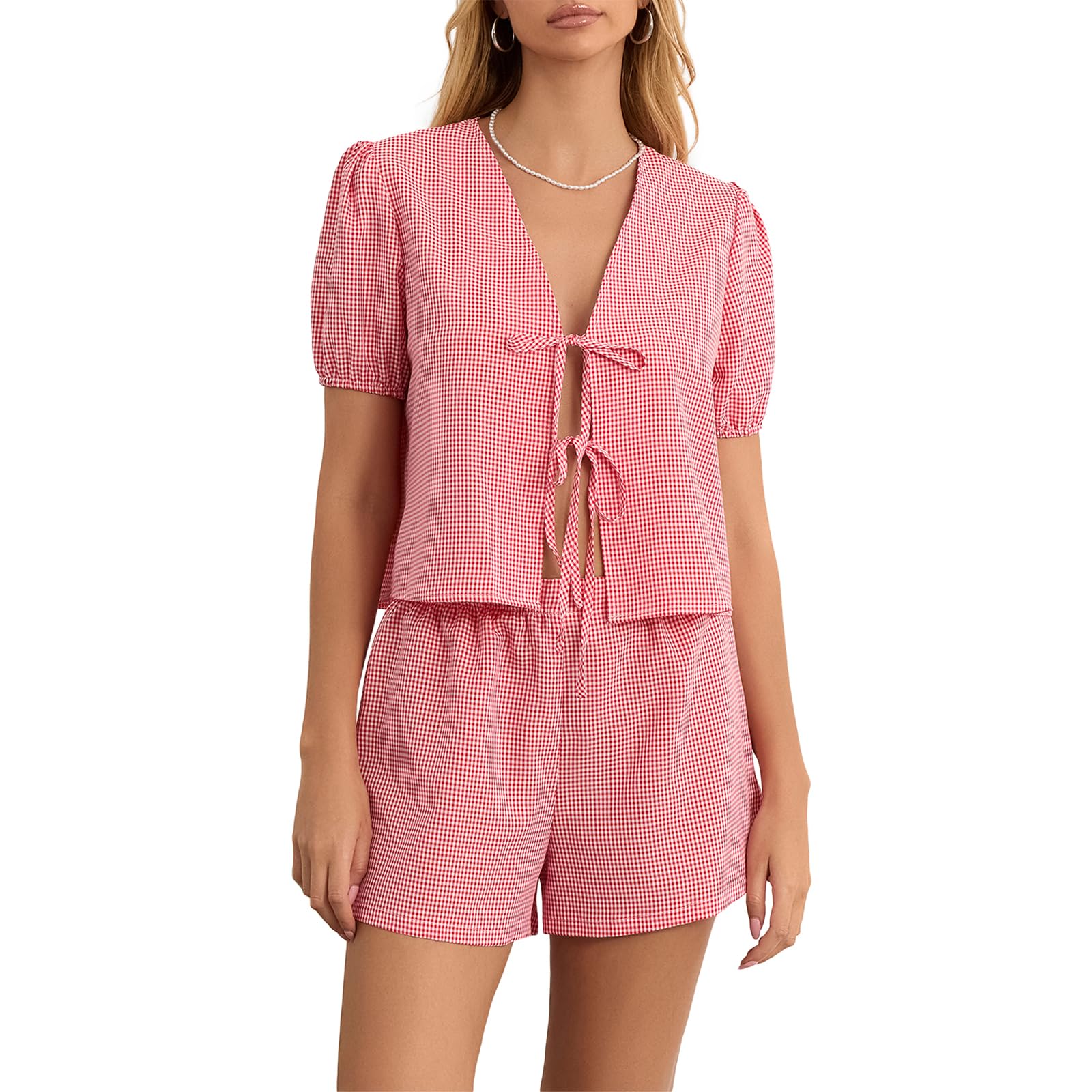 FeMereina Women's Summer Plaid Outfits Ruffled Short Sleeve Tie-Up Front Peplum Tops with Elastic Waist Shorts Pajamas Pjs Sets Y2K Streetwear (Red#1, S)