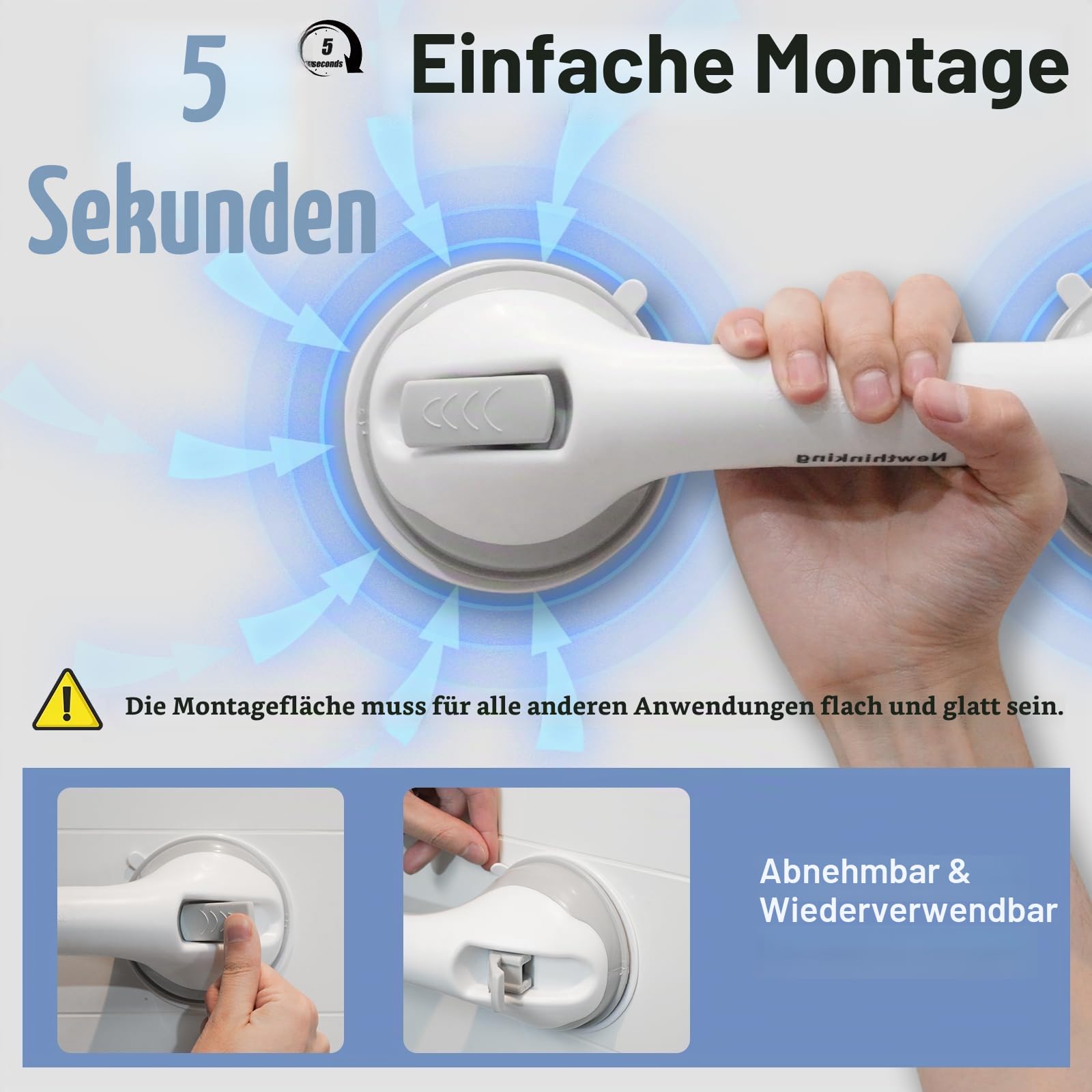 Newthinking Dusche Haltegriff mit Saugnapf 30CM, Haltegriff Dusche Ohne Bohren, Haltegriff Badewanne Badezimmer Gehhilfe für Senioren Bad, 2 Stücke | Rutschfester Haltegriff Dusche, Haltegriffe Bad Senioren, Haltegriff mit Saugnapf. 30 cm für glatte Flies
