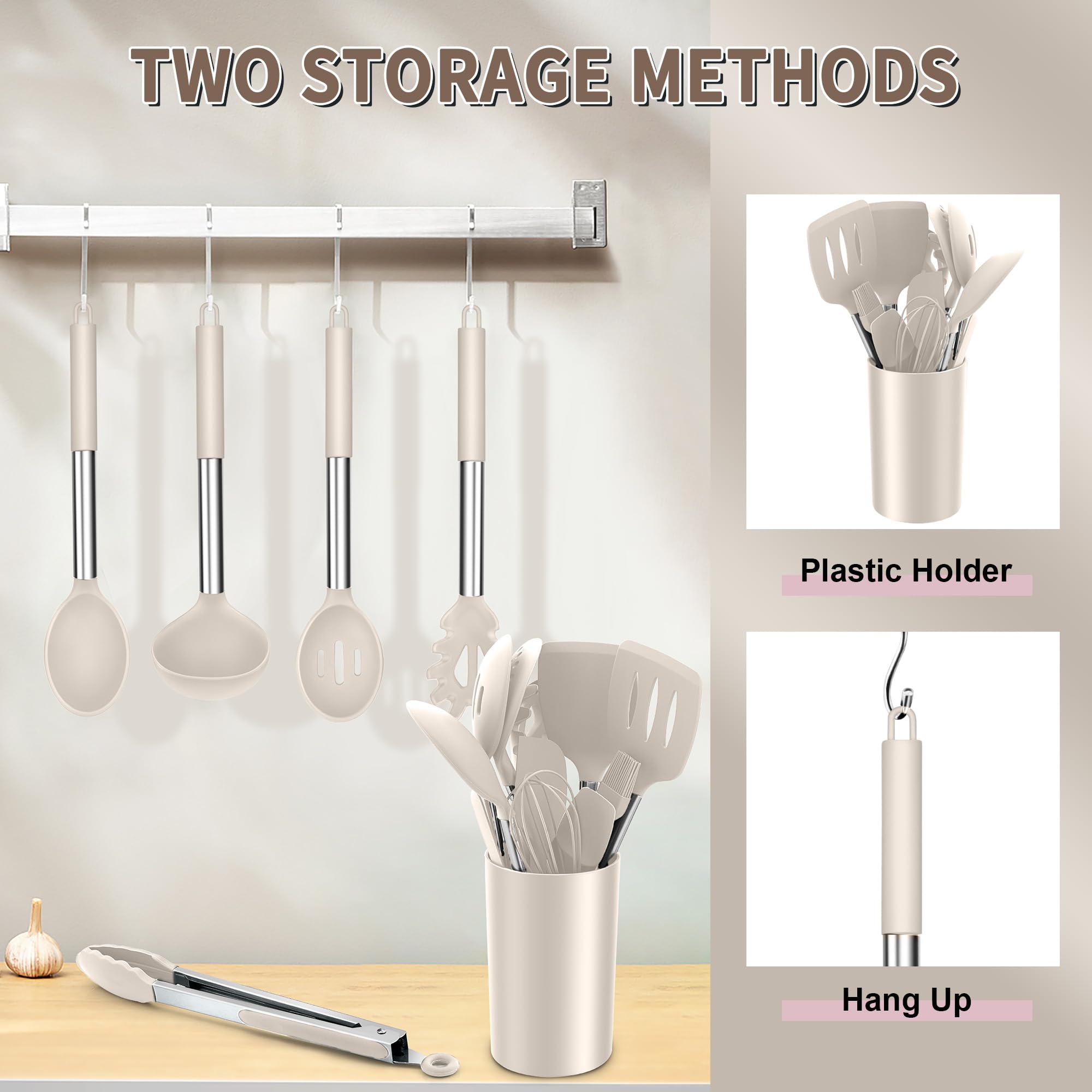 E-far Juego de 14 utensilios de cocina de silicona caqui