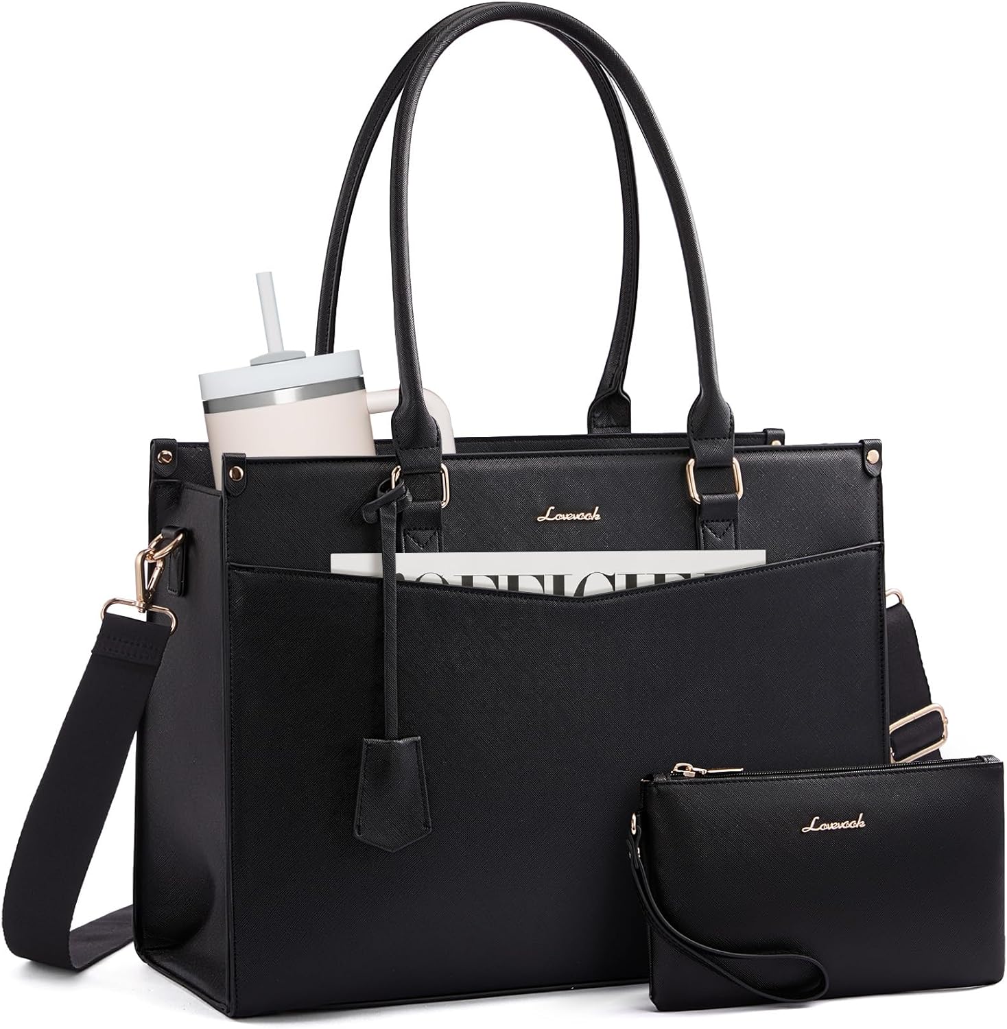 LOVEVOOK Laptop Bag for Women, 2-in-1 Tote Purse with Clutch & Cup Holder, Waterproof Briefcase for Work Travel