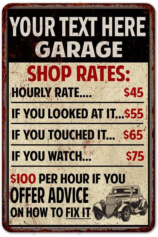 Personalizado TU NOMBRE Garaje Shop Tarifas Letrero Hombre Cueva Decoración Regalo Mecánico Pops Accesorios Automotriz Bar Lata Vintage Taller Papás