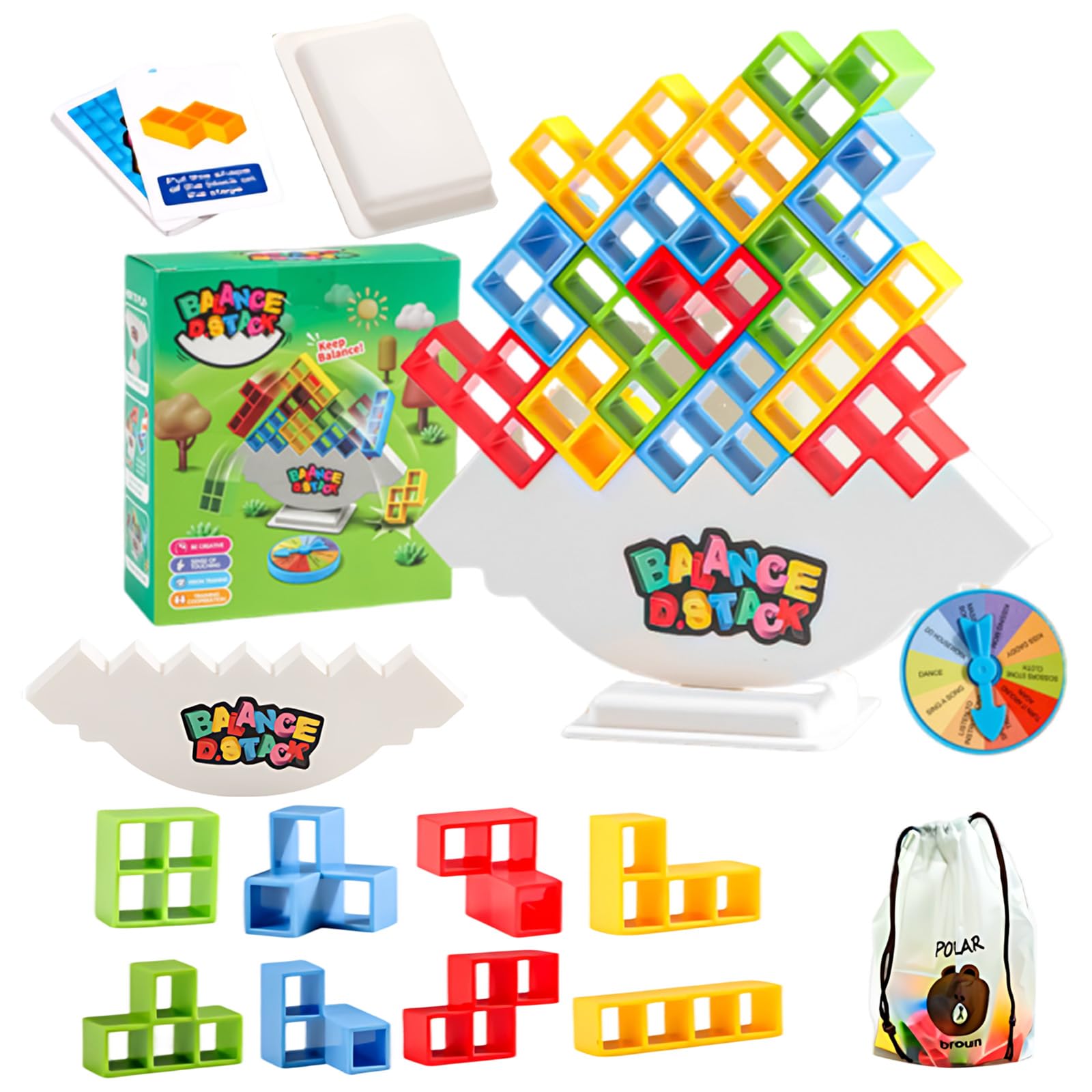 Bodeshis 48PCS Stacking Tower Game Set, Family Board Games for Kids and Adults, Fun Balance Stacking Toy for Family Travel Party, Team Building Block Game with Turntable and Cards