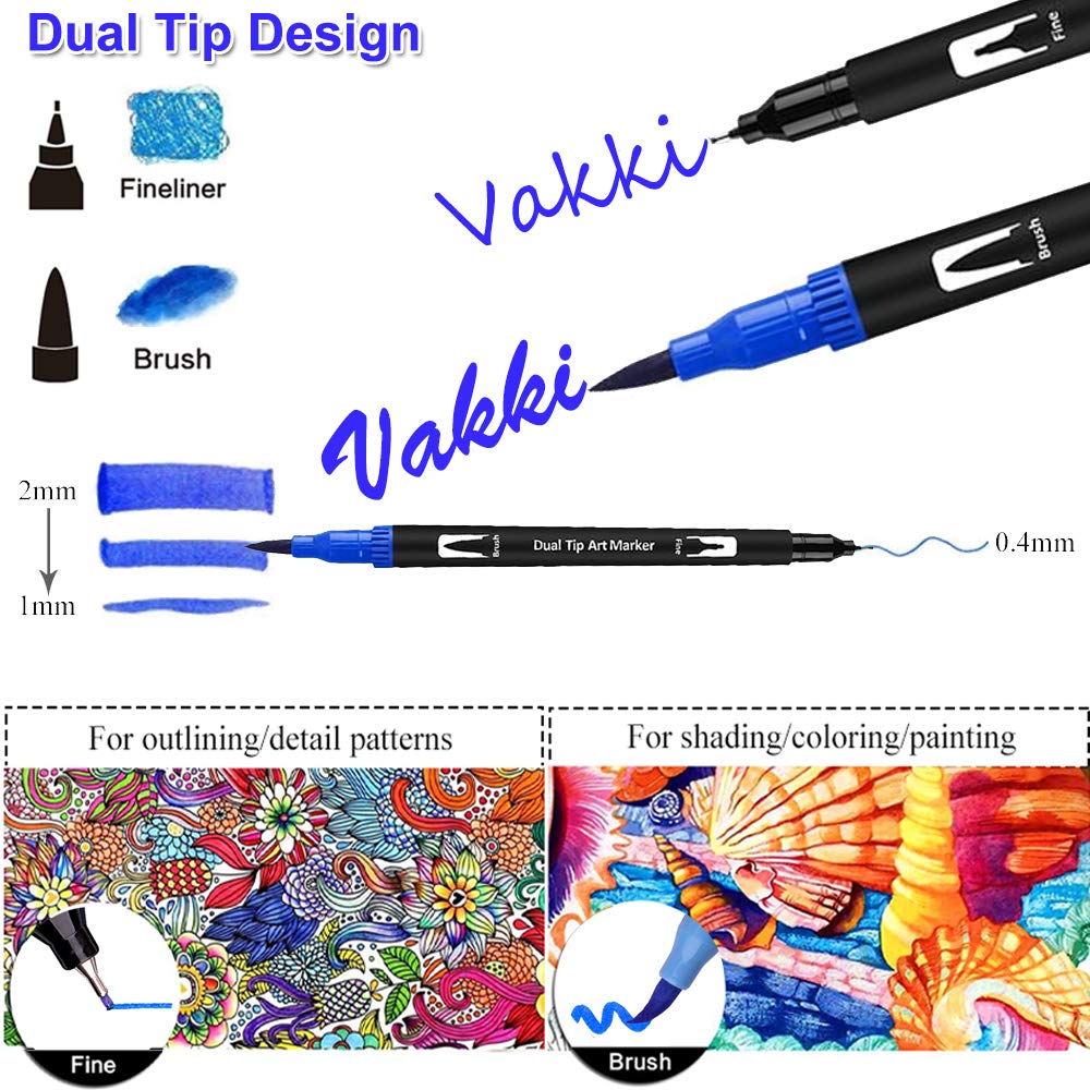 VAKKI Pennarelli a Doppia Punta, Penne da Colorare 24 colori Pennarelli con Punta Fine da 0.4mm e Punta brush per Disegno, Colorare, Calligrafia, Manga, Pittura Belle Arti