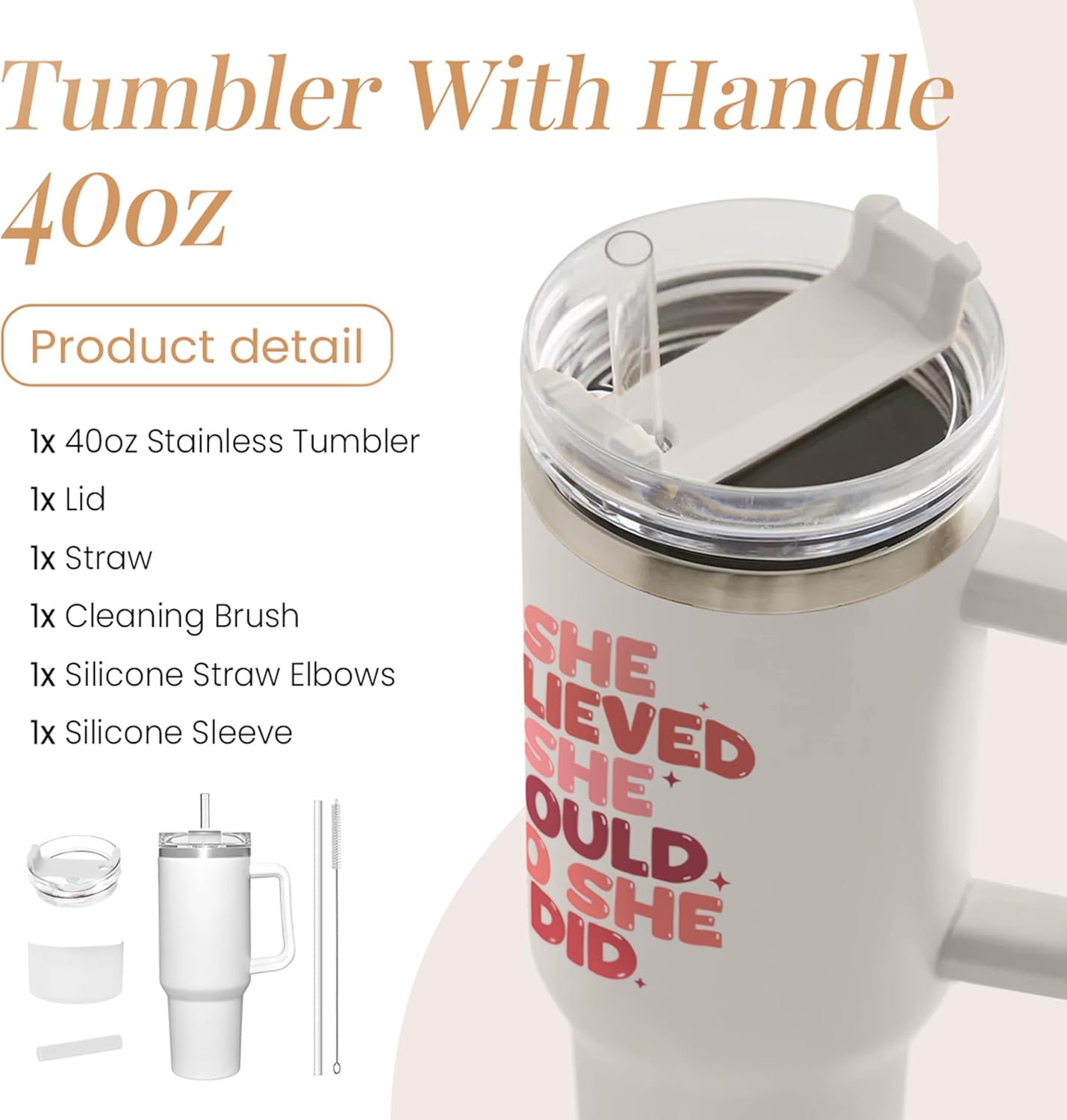 SANDJEST Graduation Gifts for Women She Believed She Could So She Did Tumbler 40oz Stainless Steel Insulated with Handle and Straw, New Job, Going Away, Inspirational Gifts for Her - Image 2