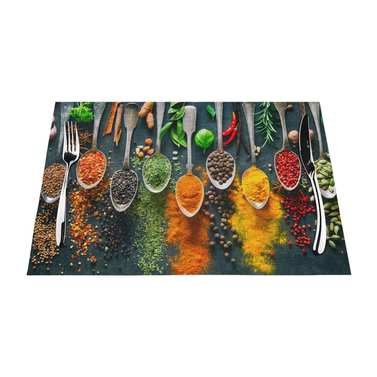 PVC Placemat Set of 6 PCS, 45x30 CM, Spices Printed Non-Slip Heat Resistant Place Mats for Kitchen Dining Table Indoor Outdoor