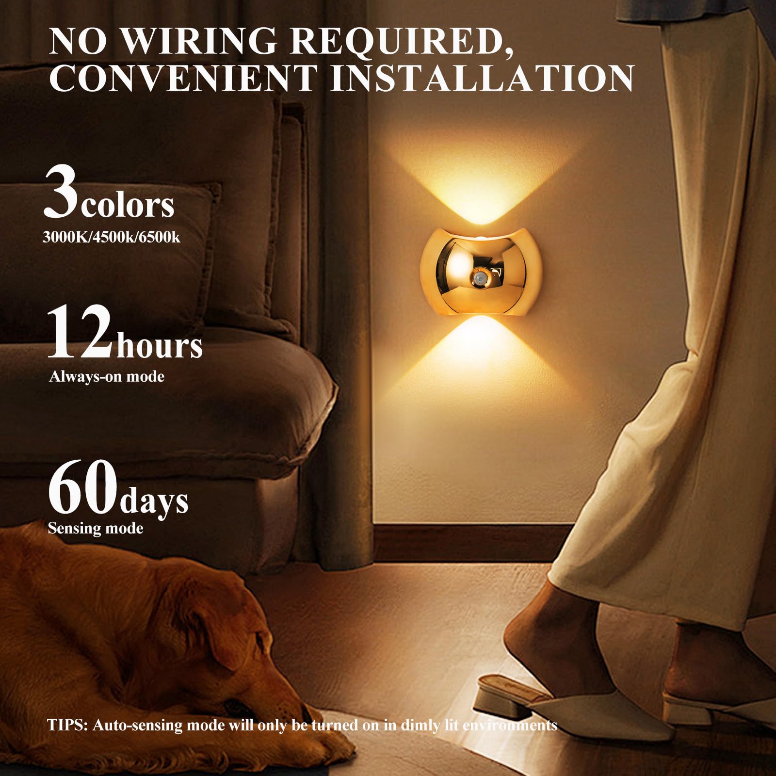 LED Moderna Apliques de Pared Interior con Sensor de Movimiento Lámpara de Pared 3 Modos de Color Iluminación de Pared USB Recargable para Pasillo Escalera Habitación (Oro,2 Piezas)