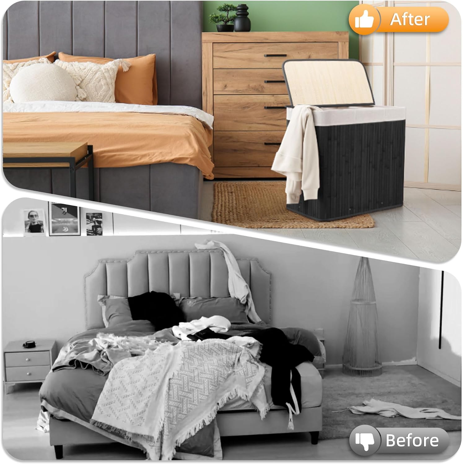 72L Slim Laundry Hamper with Lid, Foldable Bamboo Clothes Laundry Basket with Handles, Removable and Machine Washable Liner, for Bedroom, Bathroom, Dorm, Ink Black