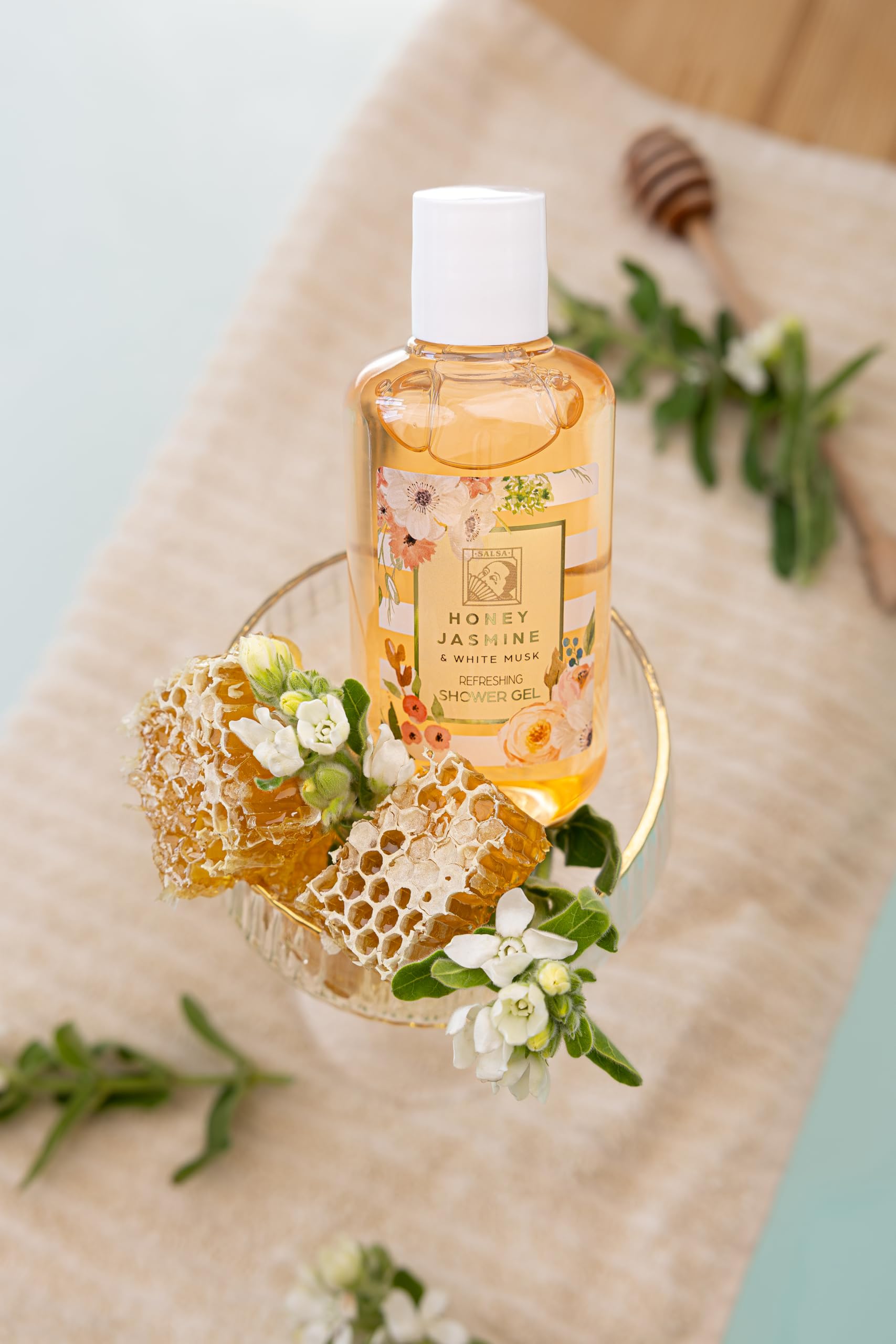 Accentra Zestaw prysznicowy dla kobiet HONEY Jasmin w pięknym pudełku prezentowym – 4-częściowy zestaw do pielęgnacji z żelem pod prysznic, balsamem do ciała, masłem do ciała i gąbką z siatki – zestaw