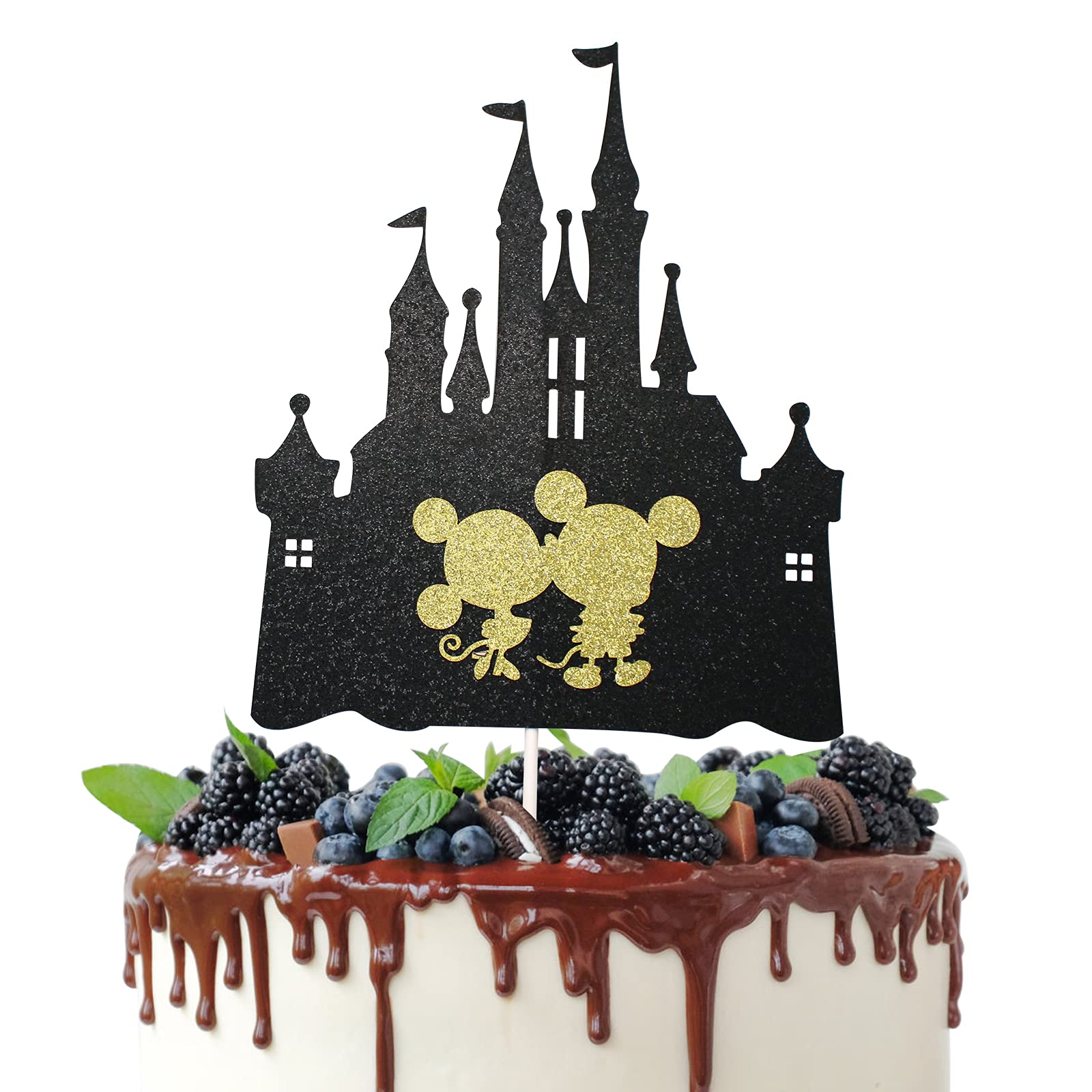 Fairytale Castle Cake Topper for Wedding Party Decorations, Mickey Minnie Mouse Themed Birthday Cake Decor, engagement Party Supplies (Black Glitter)