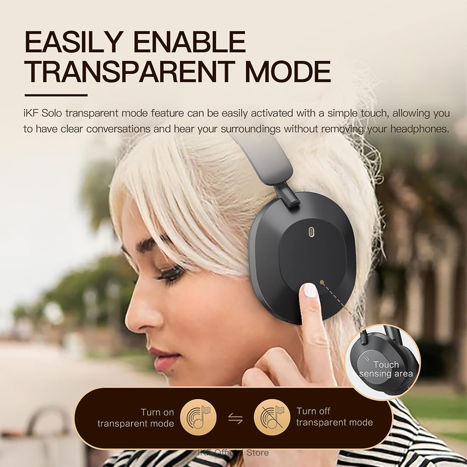 Person activating transparent mode on iKF Solo headphones