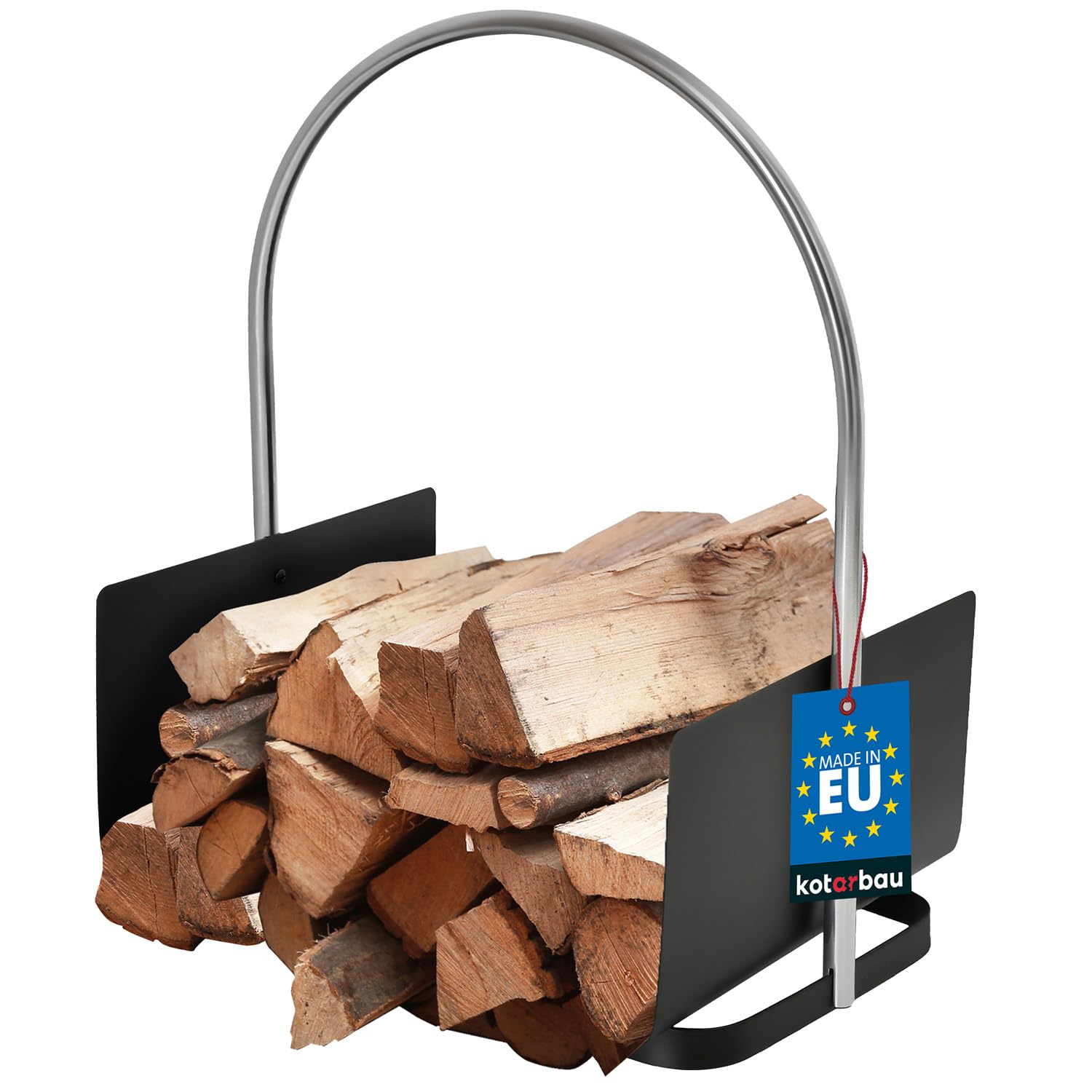 KOTARBAU® Cesta Leña Chimenea - Acero - 41 x 52 cm - Negro - Leñero Interior - con Asa Ergonómica - Soporte Leña - Robusto - Decorativo