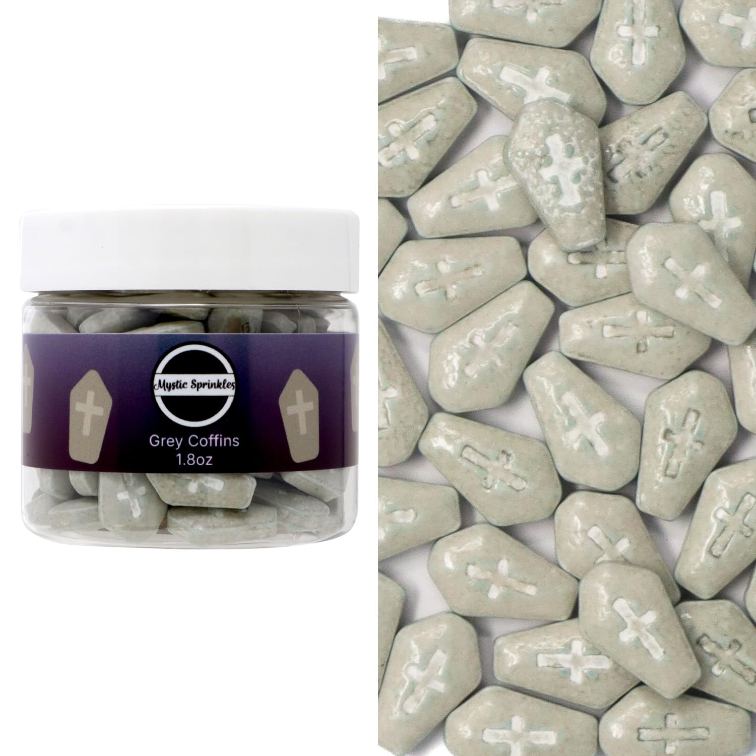 Mystic Sprinkles Halloween Candy Shape Sprinkles (Grey Coffins, 2oz Jars)
