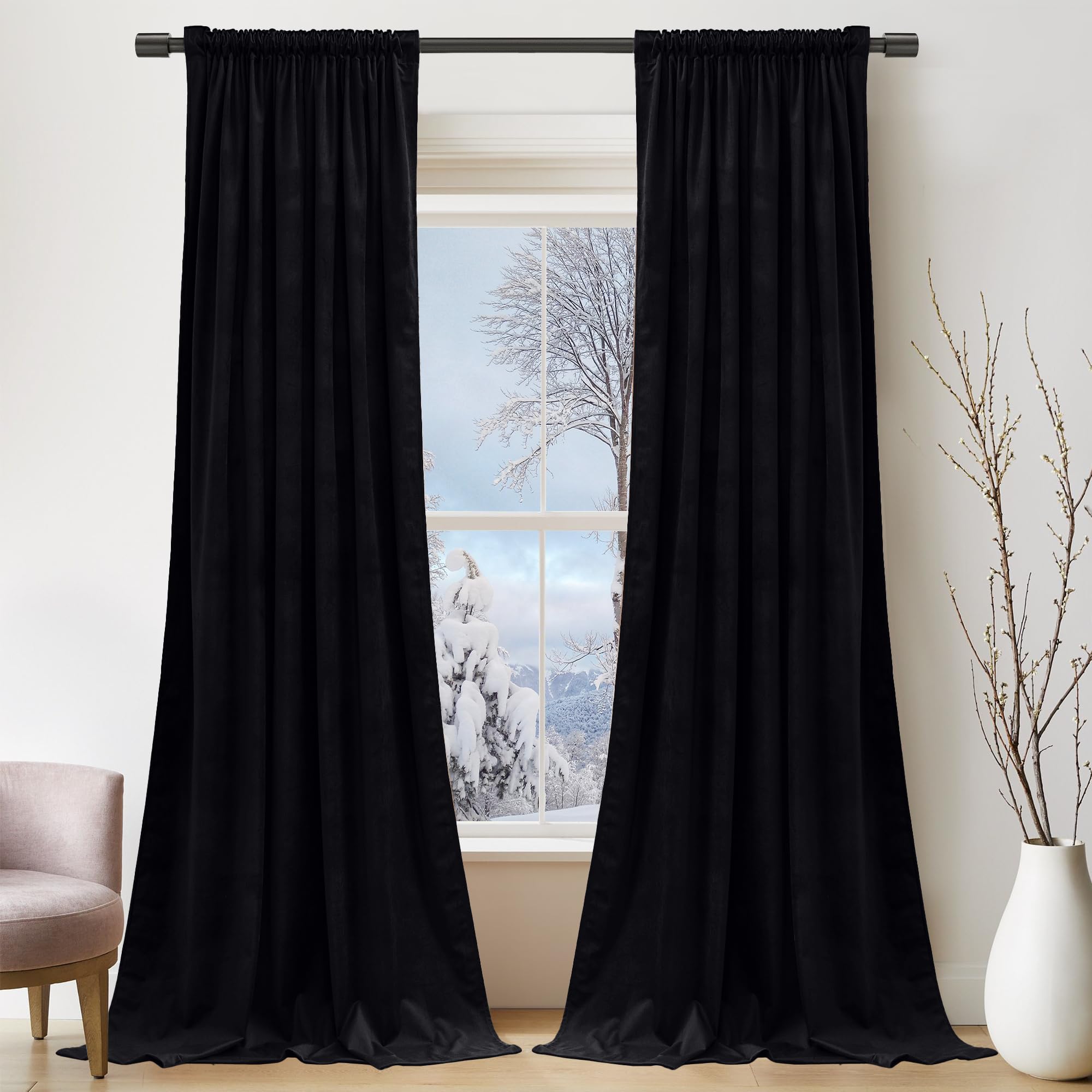 PONY DANCE Pencil Pleat Black Velvet Curtains - Image 2