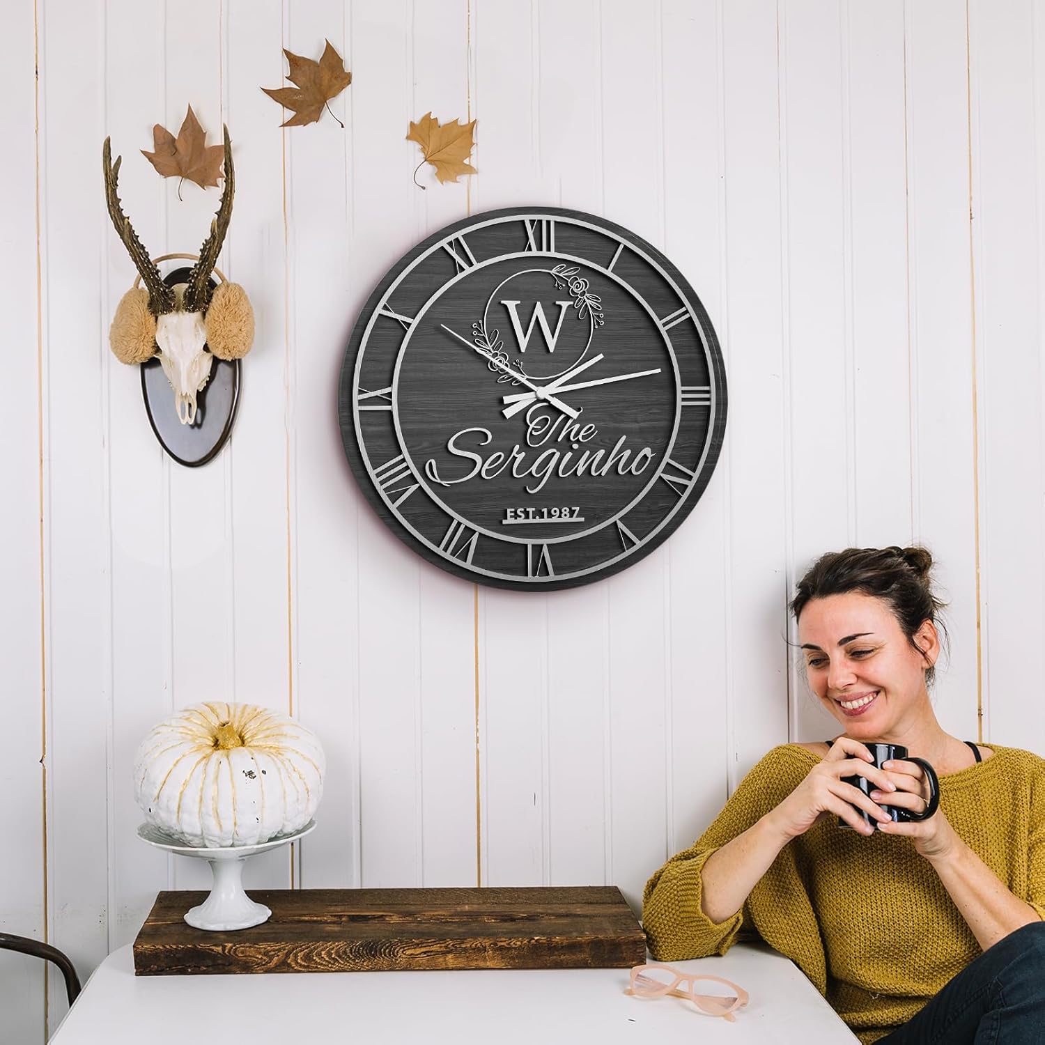 Custom Wall Clock, Personalized Vintage Wooden Clock with Family Name, Fall Decor Wall Clock, Fall Decorations for Home, Wall Clocks for Bedroom, Living Room, Kitchen, and Office(Smoke Grey)