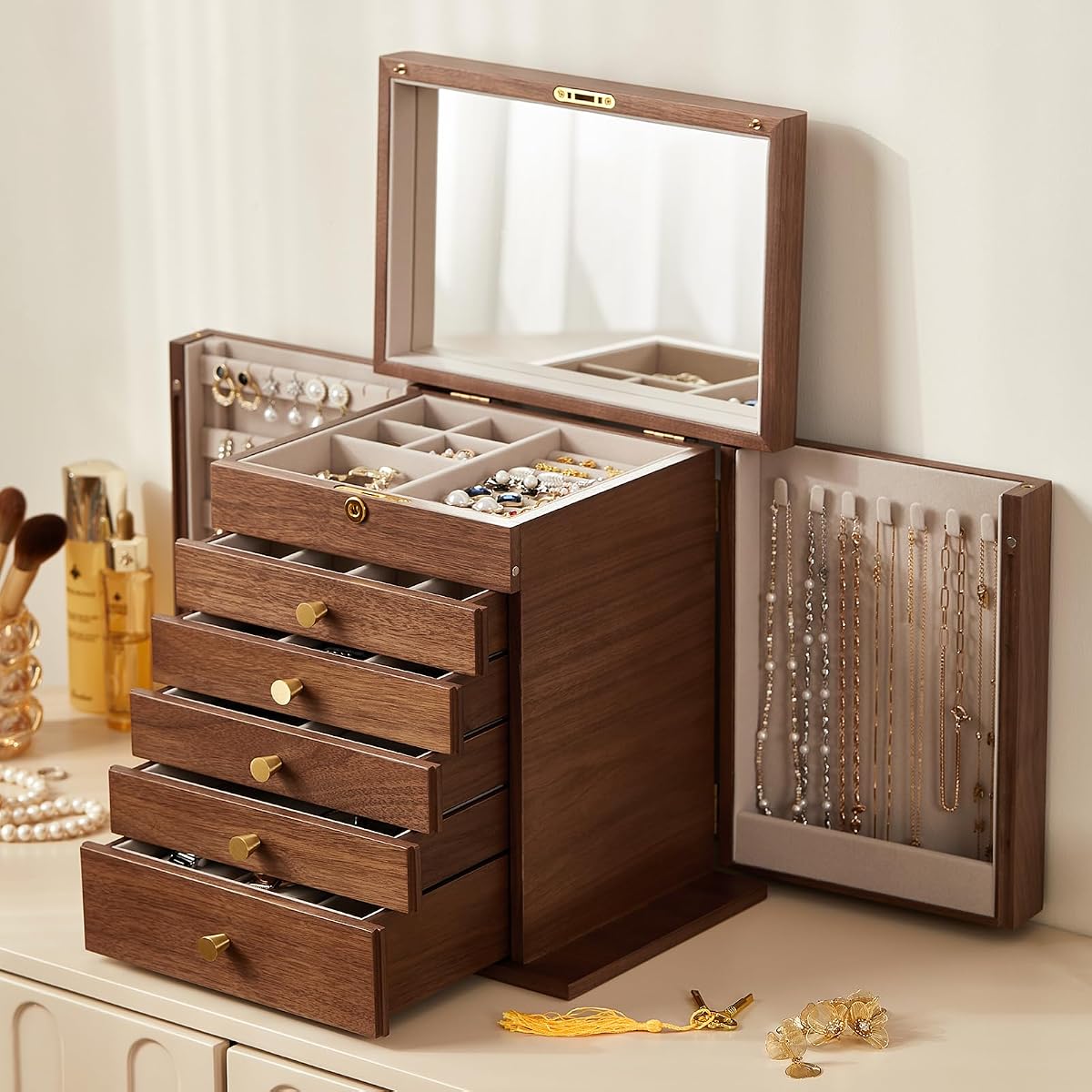 CHOSIN Joyero de madera de nogal negro para mujer con cerradura, espejo, 6 capas | Llave wity con cerradura de rango completo, 5 cajones, 2 puertas laterales, almacenamiento grande para collares, pendientes, anillos, relojes, regalos para mujeres
