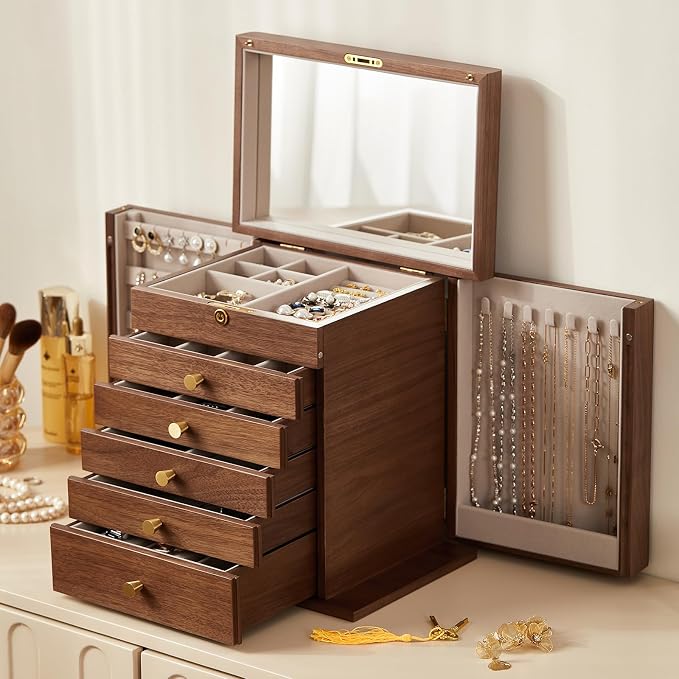 CHOSIN Homruilink Schmuckschatulle aus Walnussholz, 6 Schichten, Massivholz, Schmuck-Organizer mit 2 Seitentüren, Spiegel, abschließbar, klassischer Stil, für Uhren, Halsketten, Ringe, Ohrringe
