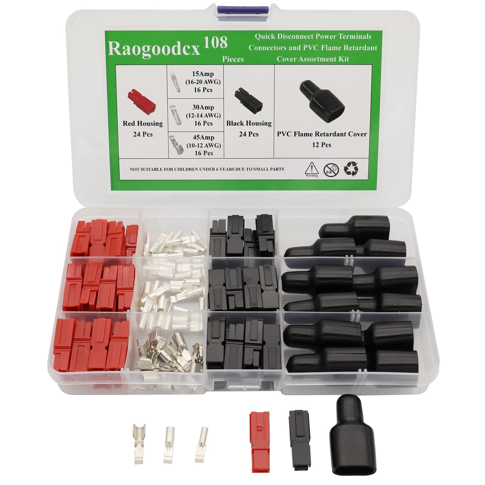 Lot de 108 connecteurs à déconnexion rapide Rouge/noir 15/30/45 A Connecteur d'alimentation Prise de batterie avec couvercle en PVC ignifuge