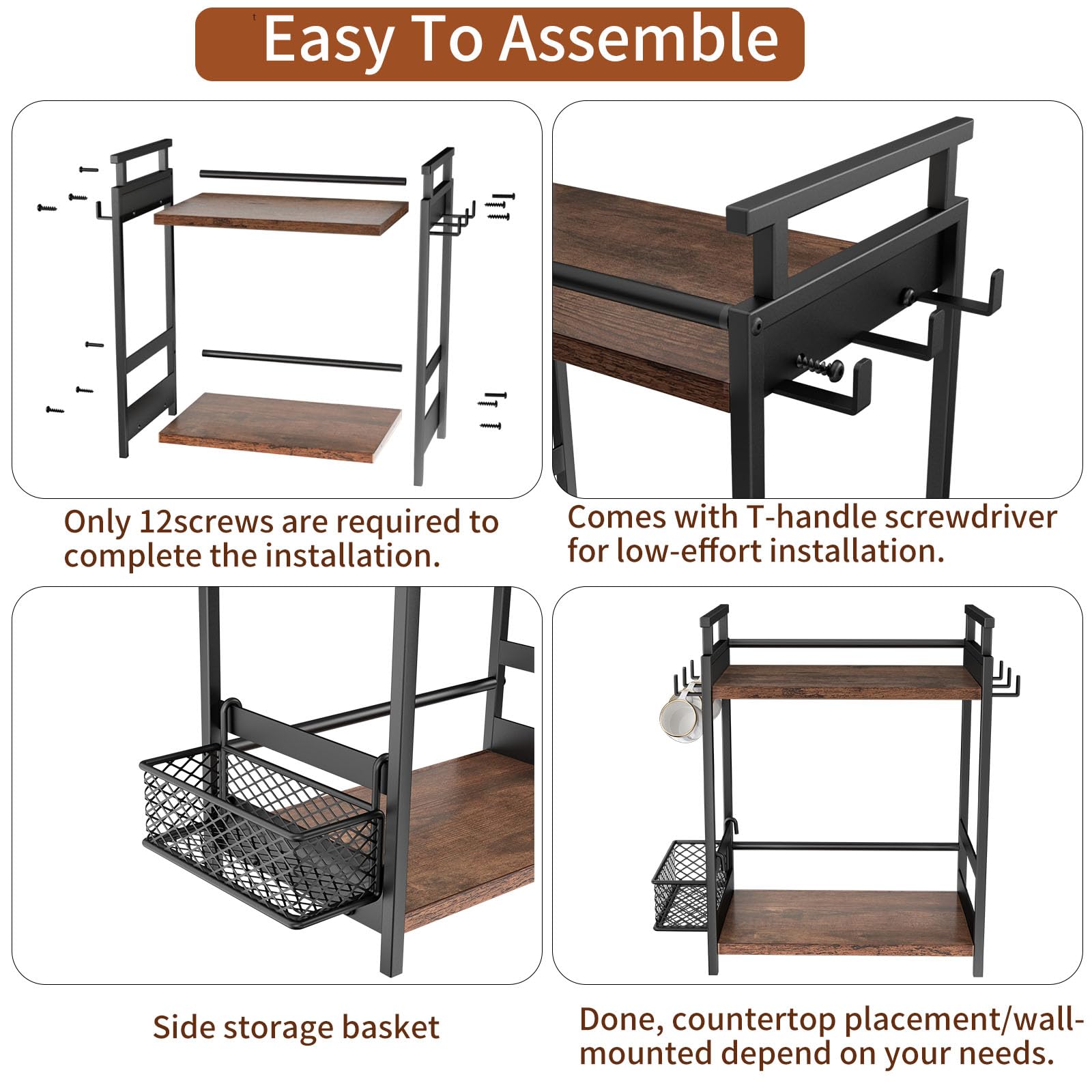 Organizador de barra de café de 2 niveles para oficina en casa, estante de especias para encimera, estante de almacenamiento de encimera de cocina con cesta colgante, organizador de estación de 8