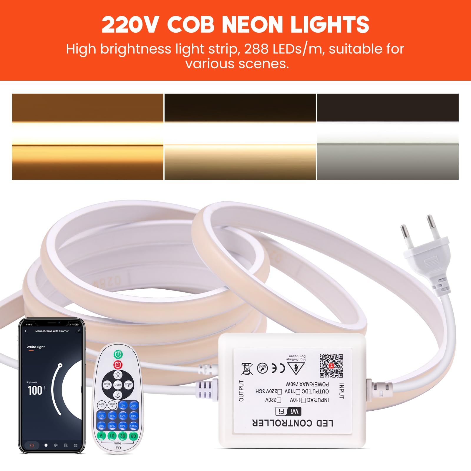 KISUFU Tira de LED COB 220V con WIFI 23 Key IR 750W Dimmer, IP65 Impermeable 288 Leds/M Cada Corte de 50cm Tira LED Neón Strip Light para Dormitorio, Jardín, Techo, Decoración Exterior.