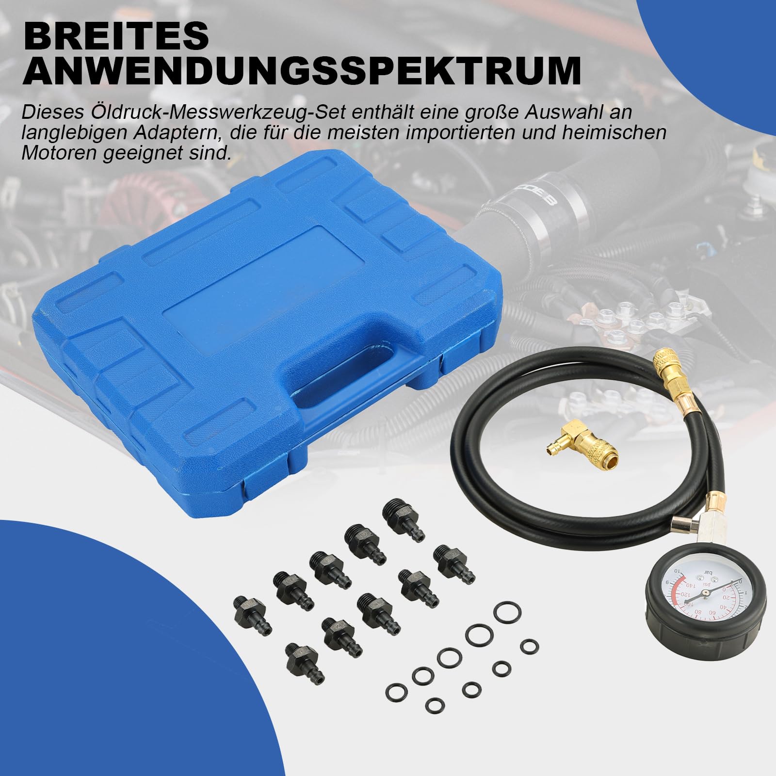 DASBET Öldruckprüfer Öldruckmesser 0–10 bar (0–140 PSI) Motoröl-Drucktester Kit für Zylinder, inkl. Schlauch und Adapter, Öl-Diagnosewerkzeug für Auto, ATV und LKW