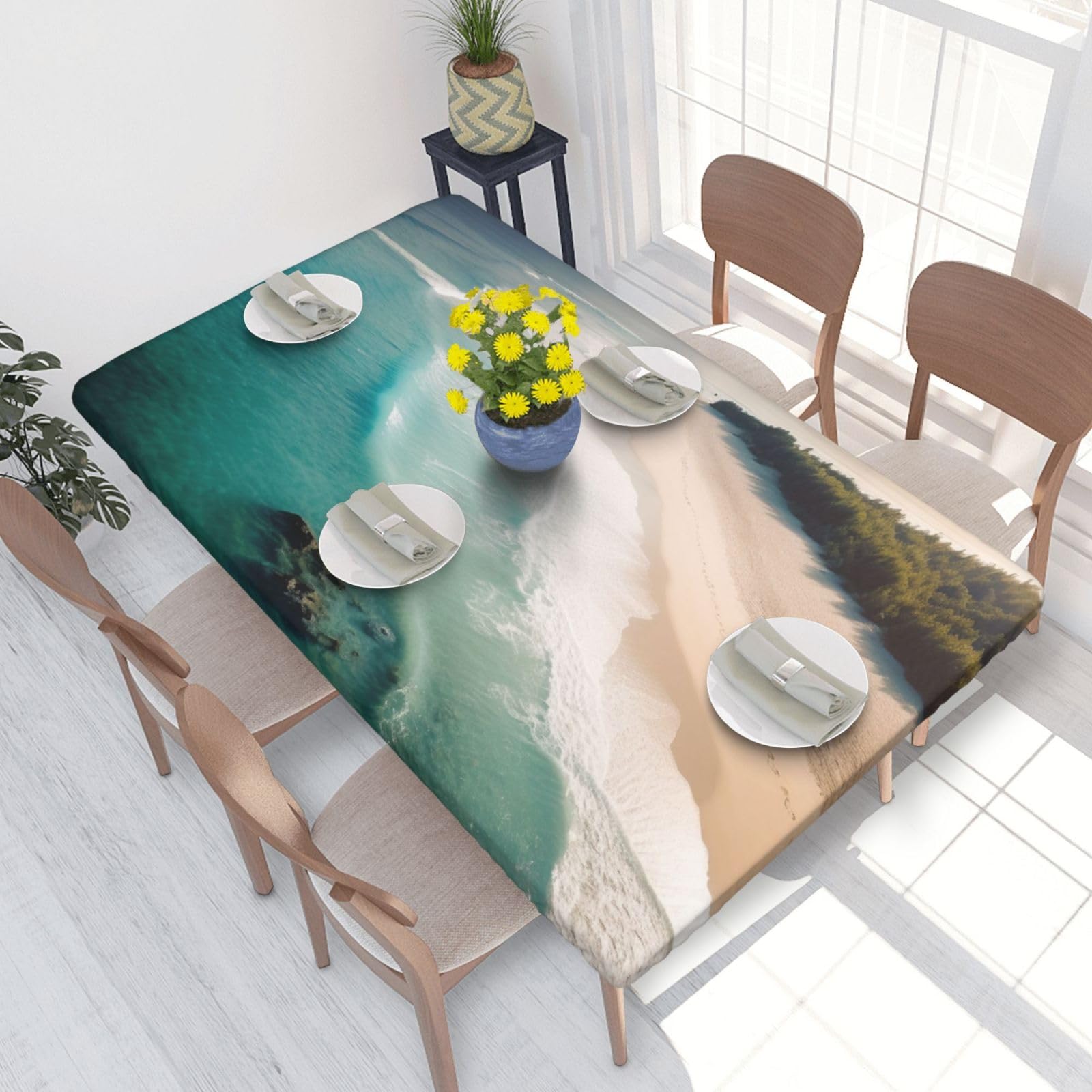 DCARSETCV Beach Printed 4FT Waterproof Tablecloth with Elastic Edged Protect & Decor Your Table, Oil-proof Washable Table Cloth Cover for Dinner Picnic Party