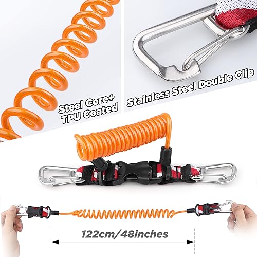 Miniatura 10 de OVOVFANY Cordón retráctil para buceo, acero inoxidable 316 de doble clip y núcleo en espiral, cordón antipérdida con hebilla de liberación rápida y