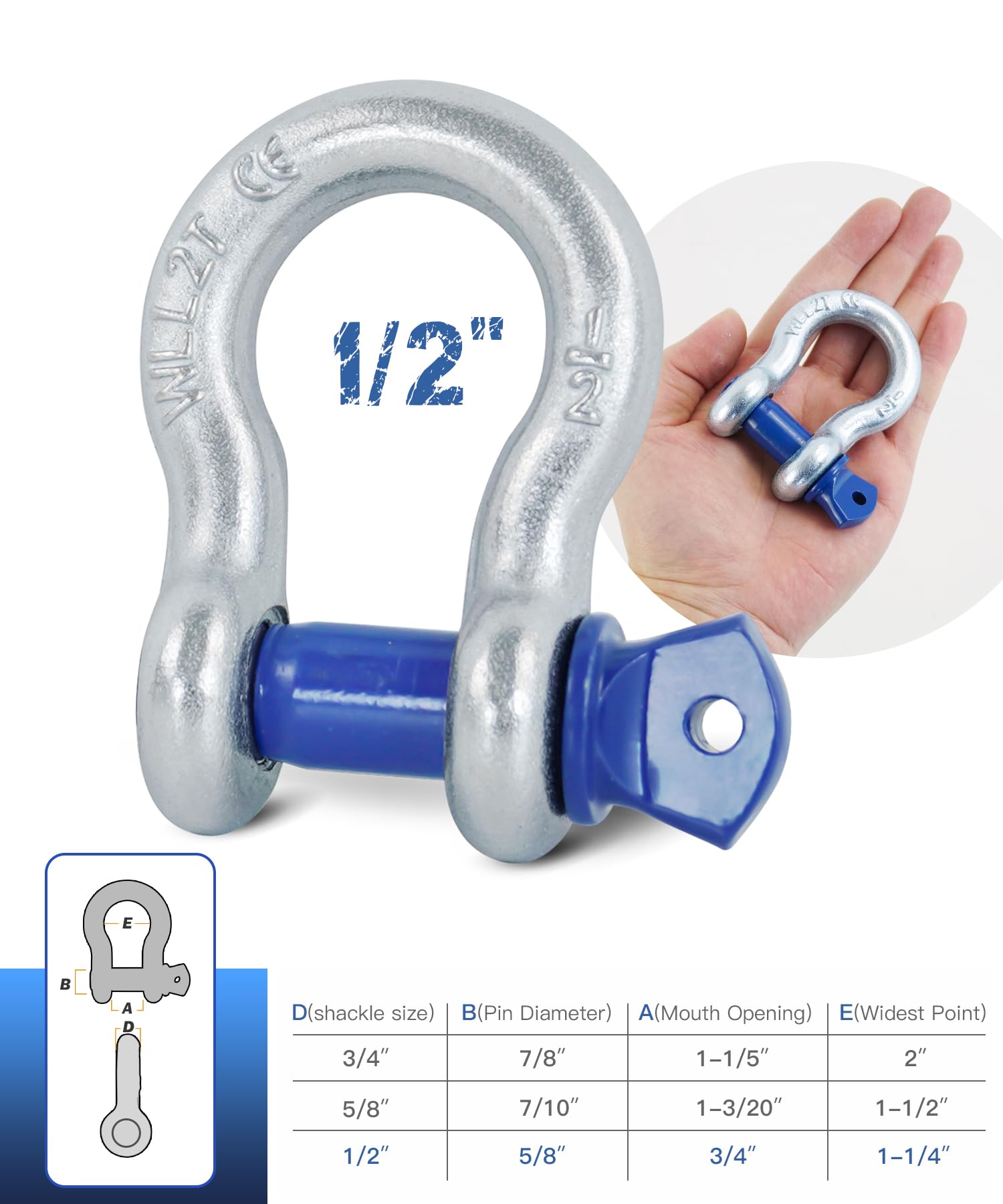 4 Pack 1/2" D Ring Shackle with 9/16" Screw Pin, 26,400 lbs Break Strength Heavy Duty Tow Recovery for Winch Off-Road Jeep Truck ATV UTV - 5