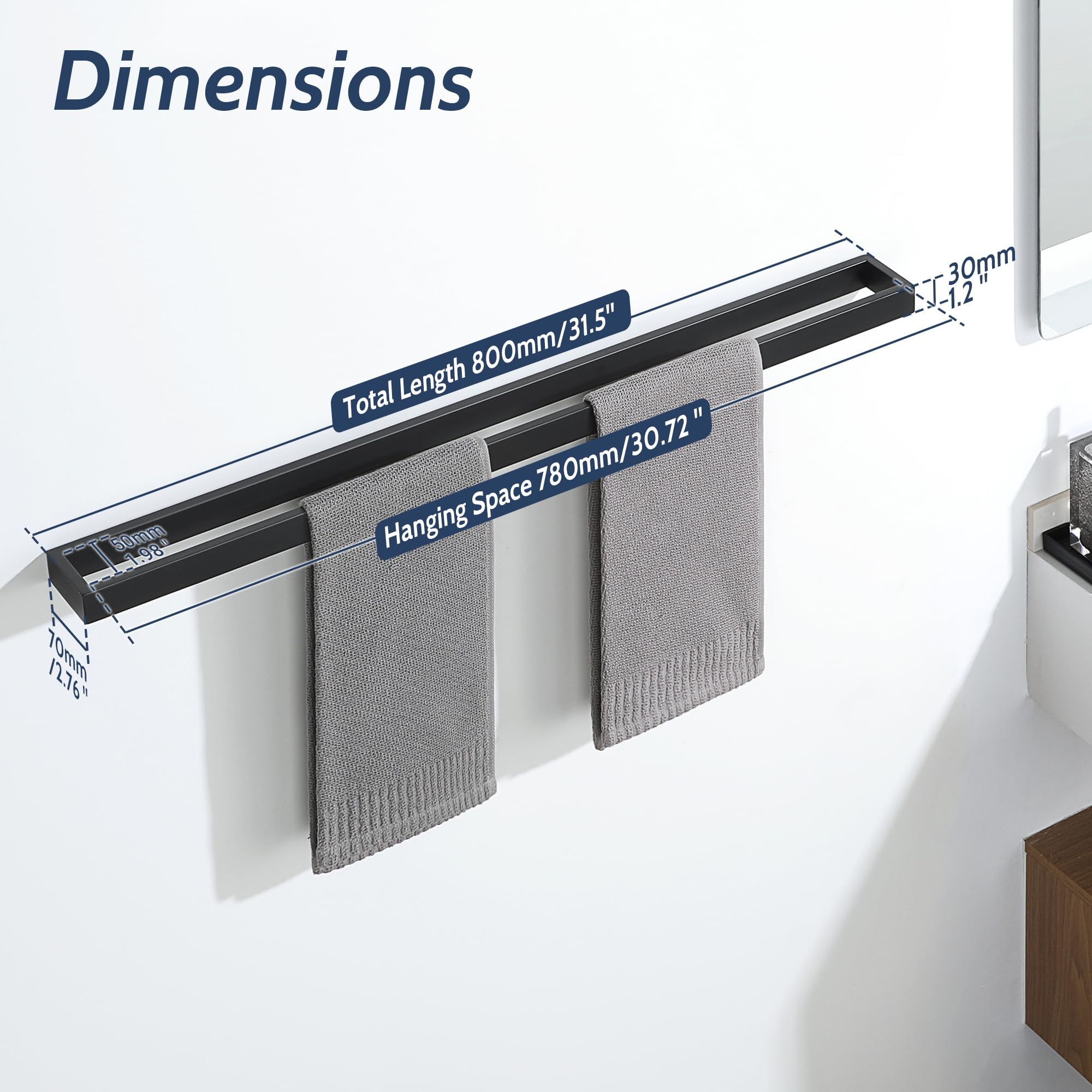 SAYAYO Toalleros de Baño, Toallero Negro Accesorios Baño Toallero Pared Colgador Trapos Cocina Acero Inoxidable Soporte Cuelga Toallas para Baño y Cocina 80CM