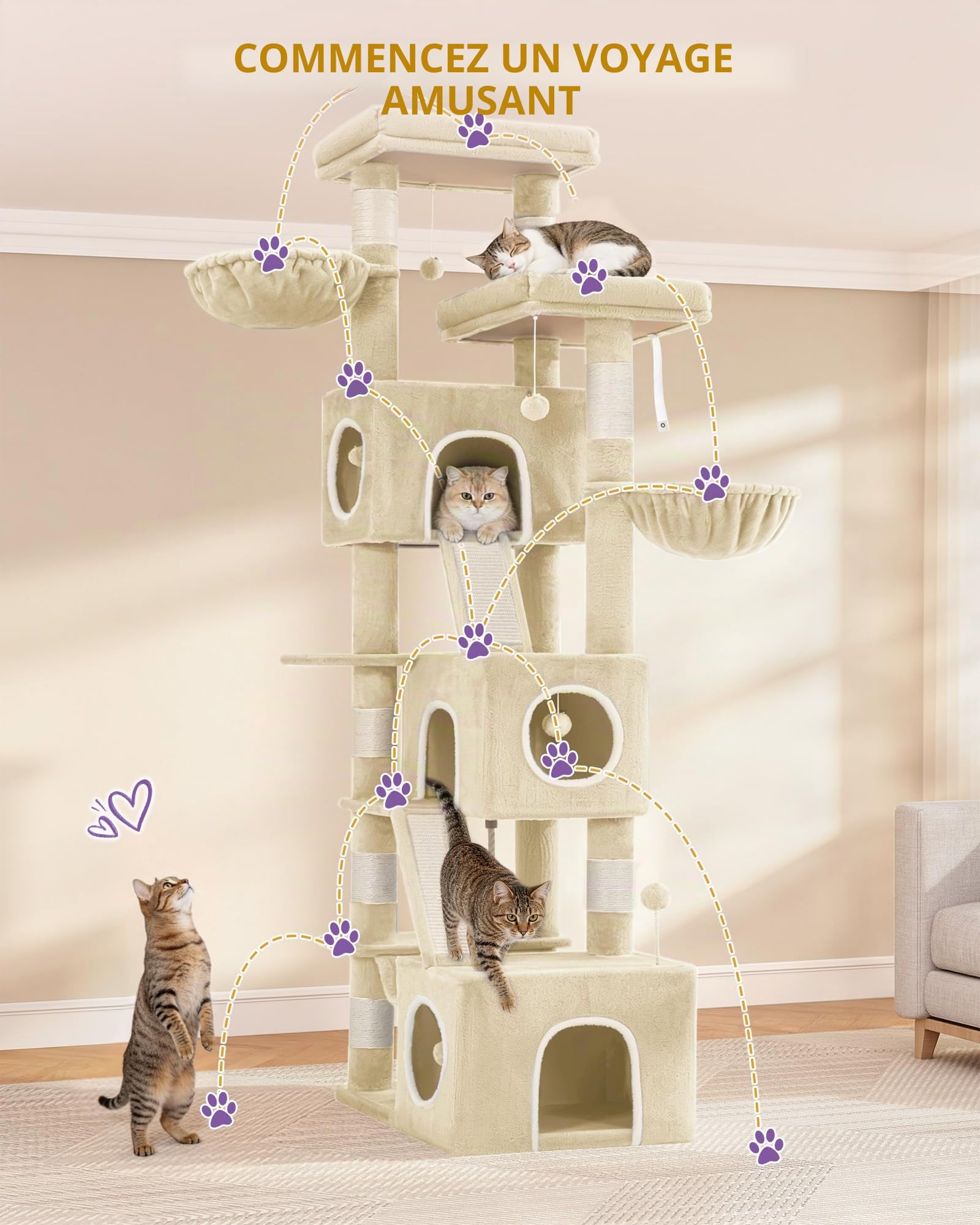 Hzuaneri Arbre à Chat, XXL, Hauteur 209 cm, avec 7 Griffoirs, 3 Niches, 2 Plateformes, 2 Planche à Gratter, Panier, Hamac, Balle en Peluche, Arbre à Chat à Plusieurs Niveaux, Beige MS20918YL