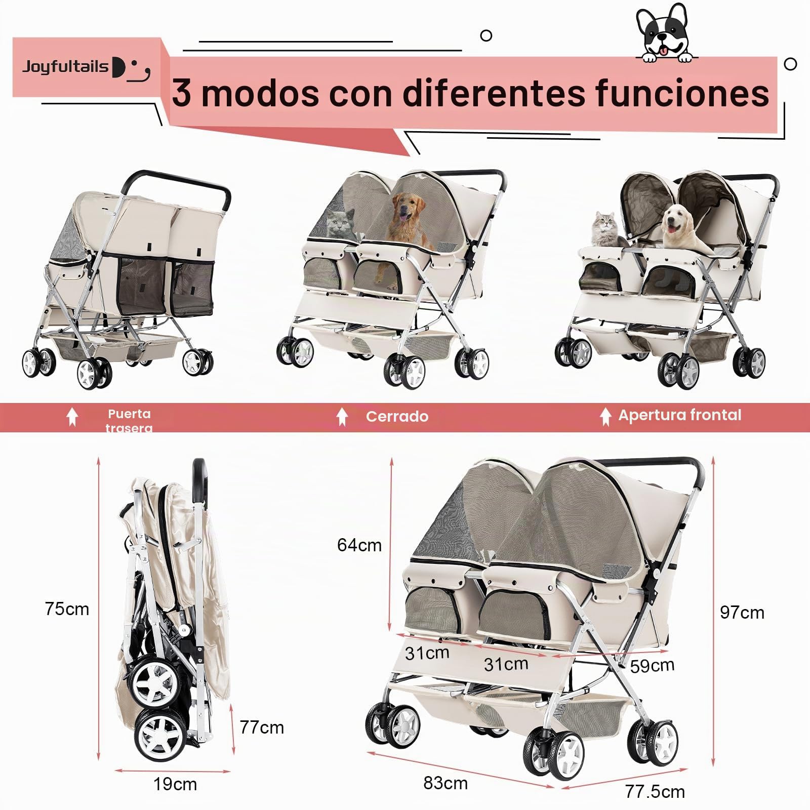 Carro para Perros Doble, Transportín para 2 Mascotas con Capacidad 20KG, Carrito Plegable con Ruedas y Cesta de Almacenamiento + Freno de Mano (Perros Medianos/Pequeños), Gris
