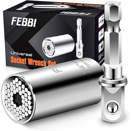 Universal Socket, FEBBI New Upgrade Gator Grip Universal Socket Wrench Set (7-19mm) with Ratchet Wrench Power Drill Adapter, Dad Gift, Best Tool Gifts for Men, Father, Husband DIY Handyman or Women