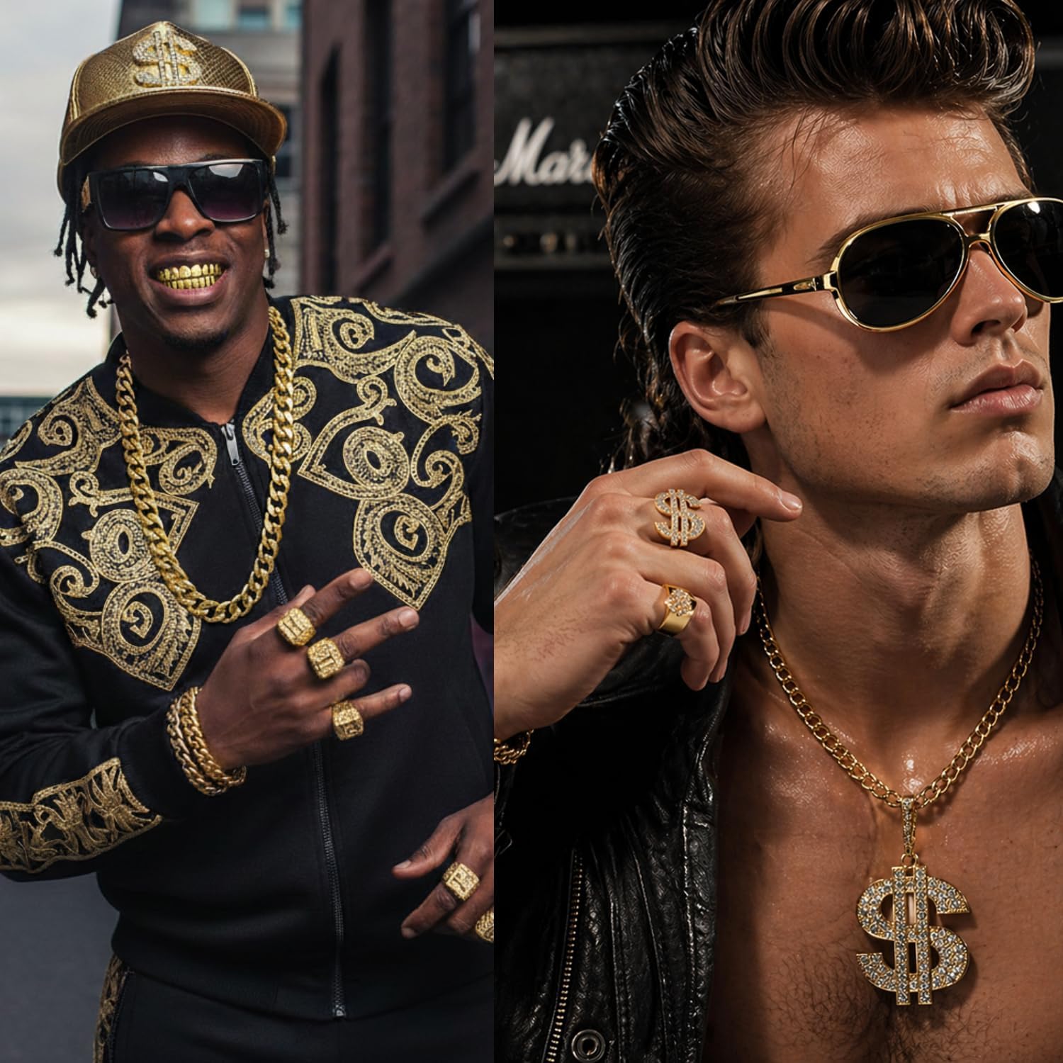80s 90s Hip Hop Accessories Costune Set for Men Fake Gold Chain Bracelet Rings Teeth Dollar Sign Necklace Hat Classic Glasses for Halloween Party Rapper Costumes Hip Pop Outfit Kit 12-piece Set