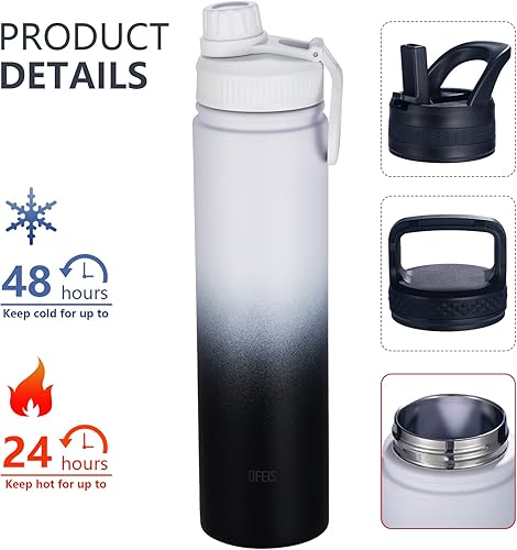 Miniatura 2 de Botella de agua aislada con 3 tapas, frasco de doble pared de acero inoxidable con mango de paracaídas, funda protectora de silicona, 2 popotes, a