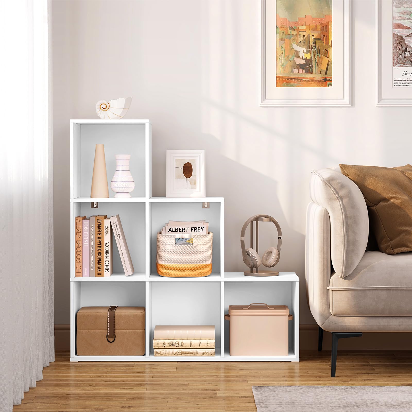 WOLTU Bibliothèque avec 6 Cubes, Étagère d'Escalier, Meuble de Rangement à Cubes, Étagère en Bois d'Ingénieriepour Salon, Chambre à Coucher, Bureau, 90x30x90cm, Blanc, SK061ws