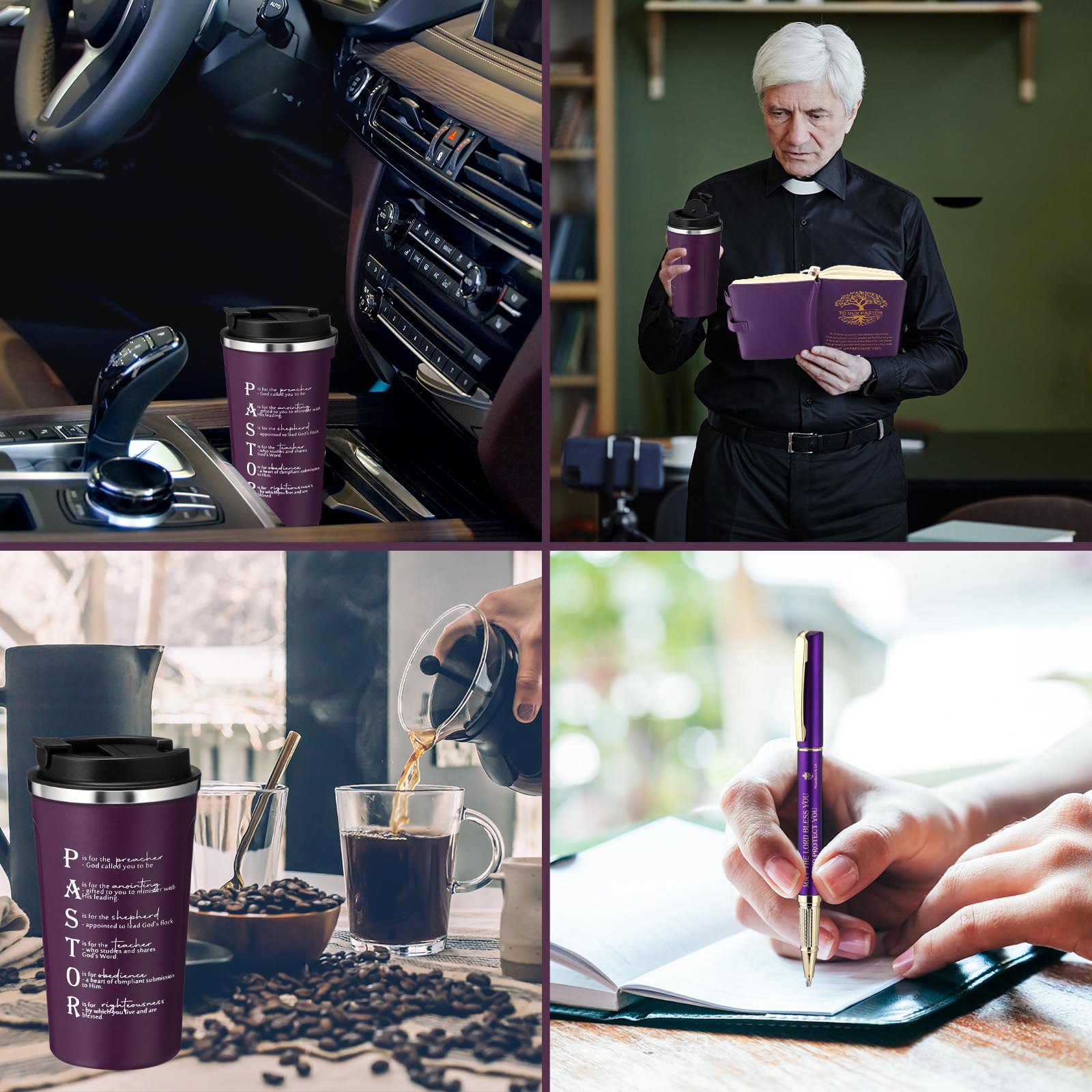 Set mit 3 Pastoren-Wertschätzungsgeschenken – Edelstahlbecher, A5, Tagebuch, inspirierender Kugelschreiber für Pastor, Mann, Ruhestand, Jahrestag, Geburtstag, Geschenk (Roman, Violett)
