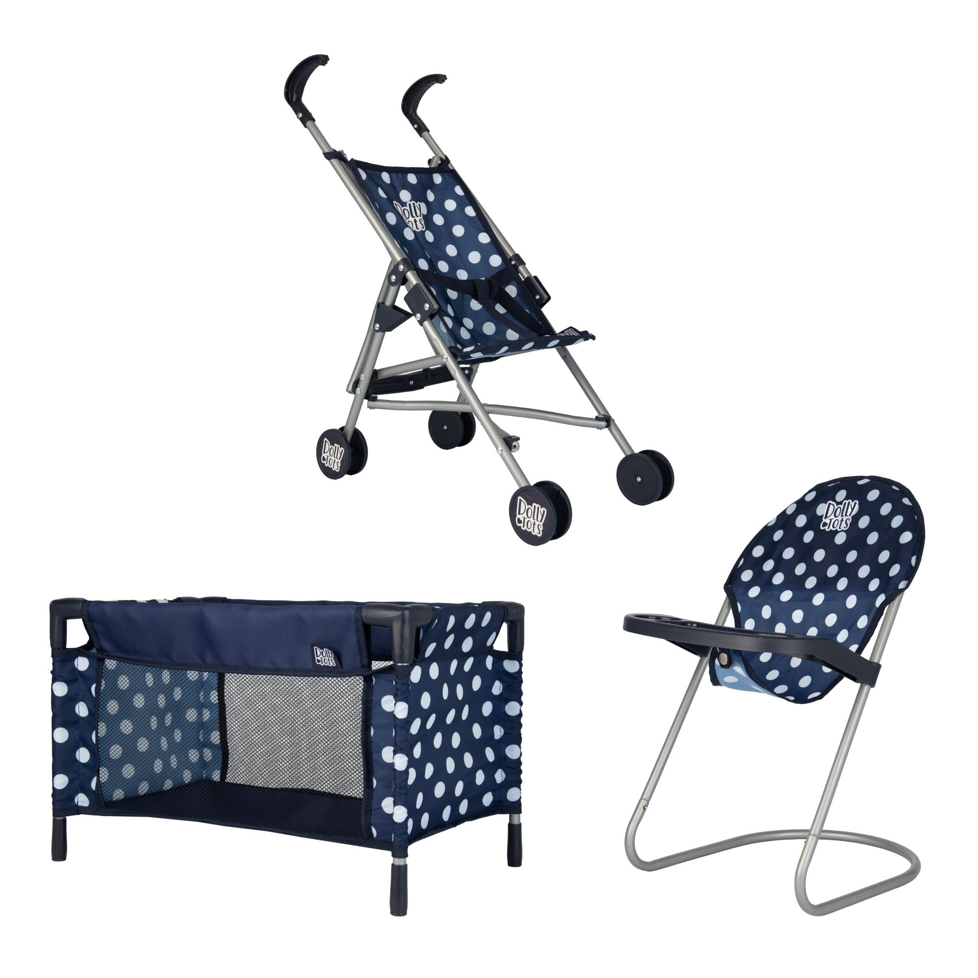 Dolly Tots Junior Nursery Playset | Navy & White 3 Piece Nursery Playset Doll Highchair, Stroller & Cot | Prams, Pushchairs and Dolls Accessories For Kids Boys & Girls | 3+