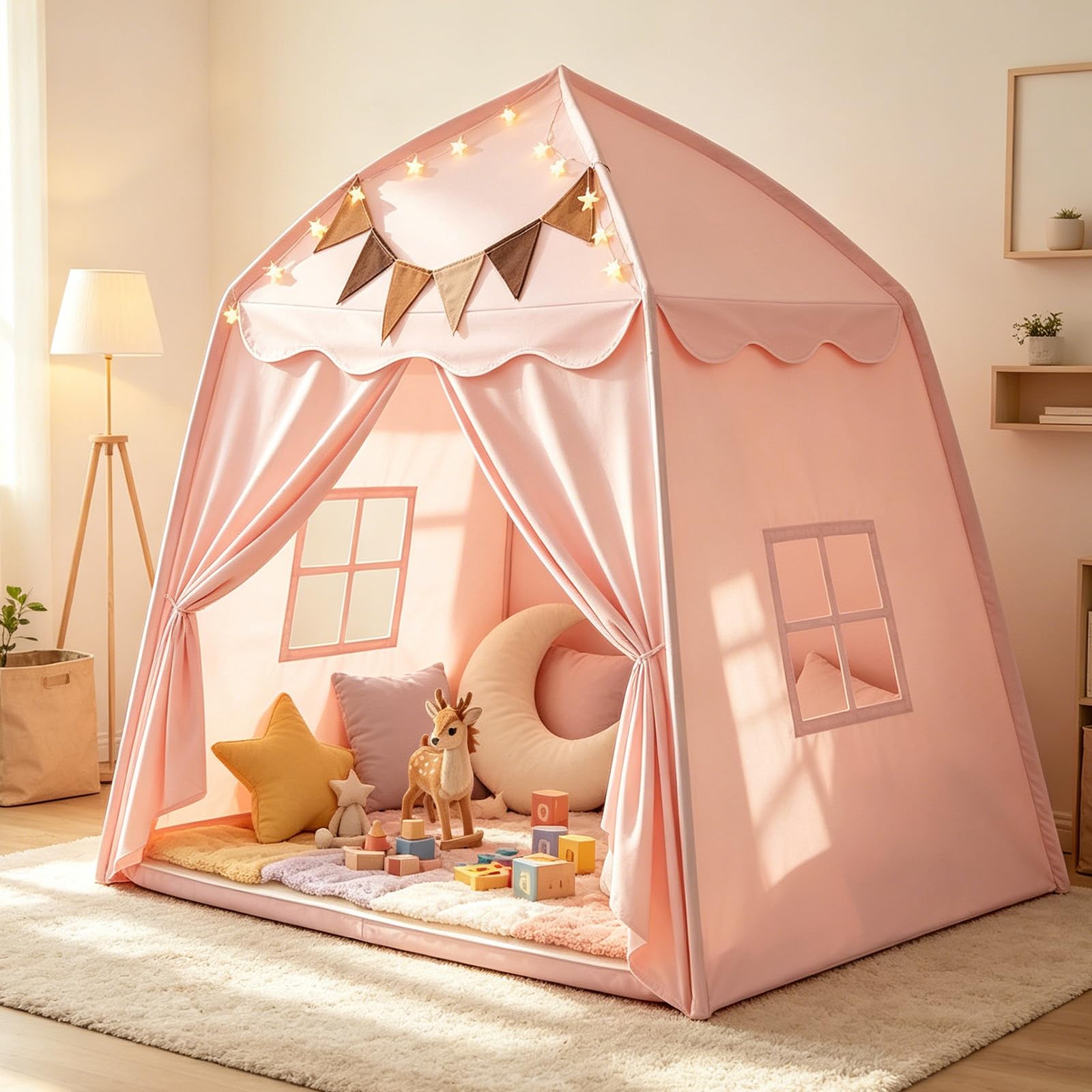 Kinderzelt für Drinnen, Spielzelt Kinder Indoor Faltbares, Zelt Kinderzimmer mit Flaggen & Lichterketten, Leseecke Kinderzimmer, Kinderzelt Indoor, Spielhaus Kinder Indoor, 150x100x150 cm (Rosa)