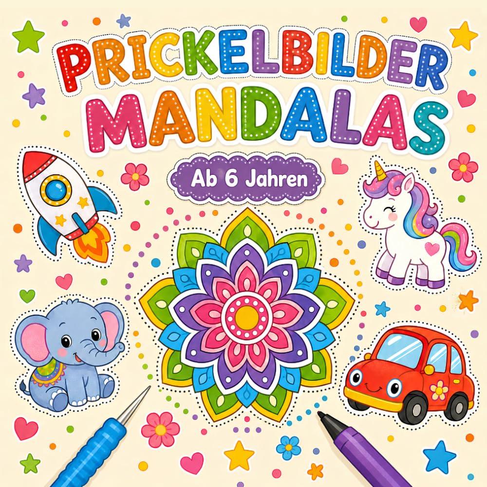 Prickelbilder Mandalas für Kinder ab 6: Kreativer Bastelspaß mit 50+ Prickelvorlagen zum Ausmalen, Prickeln und Ausschneiden | Bastelbuch für Jungen und Mädchen