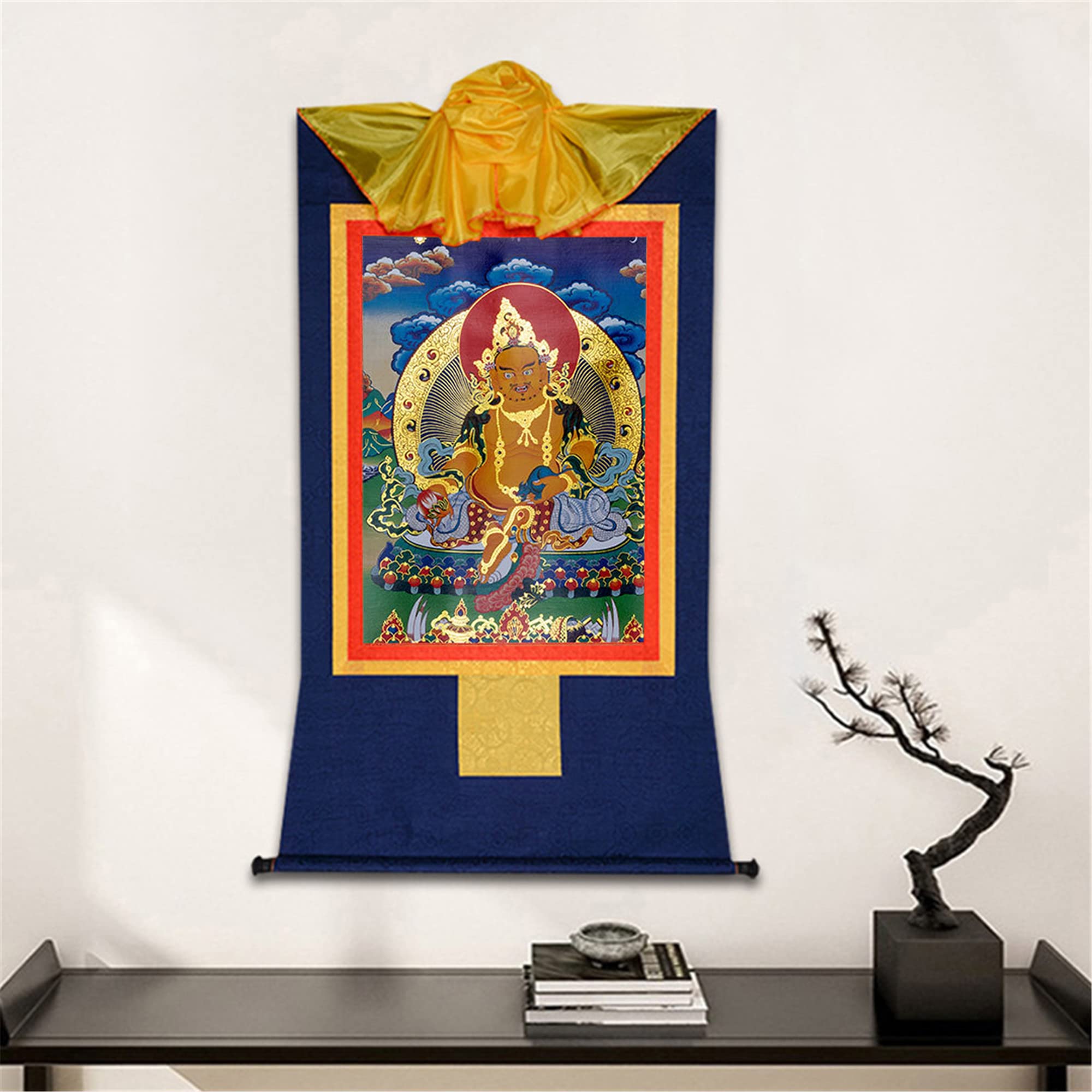 GBASDXU Tibetischer Buddhismus Thangka, Buddhistischer Wandteppich, tibetischer Thangka, Buddha, tantrischer Thangka-Wandbehang, gelber Jambhala, Heißpräge-Brokat-Wandteppich for Zen-Heimdekoration