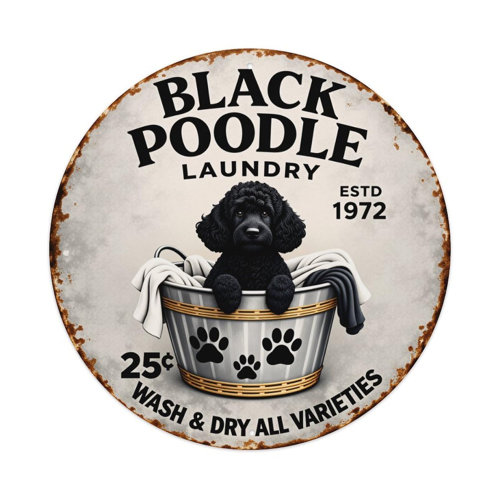 Black Poodle Laundry Vintage Sign With Dog In Basket Round Vintage Tin Sign,Retro Wall Art,Metal Poster for Home, Bar, Garage, Cafe, Rustic Indoor & Outdoor Decor, 8x8 Inches