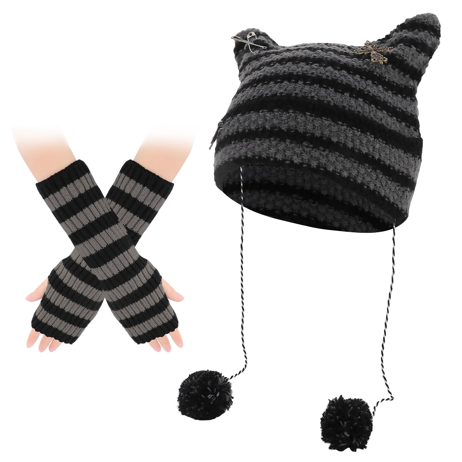 Y2k Beanie Cat Knitted Hats for Women Girls Cute Striped Arm Warmers Gothic Grunge Hat Accessories-image-43