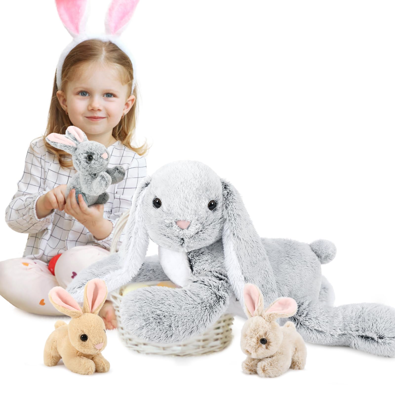 MorisMos Coniglio Peluche Gigante, 60cm Mom Coniglio con 3 Kawaii Bebè Grigio Easter Bunny Teddy Morbido Animali di Peluche Grande Regalo per Ragazzi Ragazze Fidanzata Pasqua Compleanno Deco