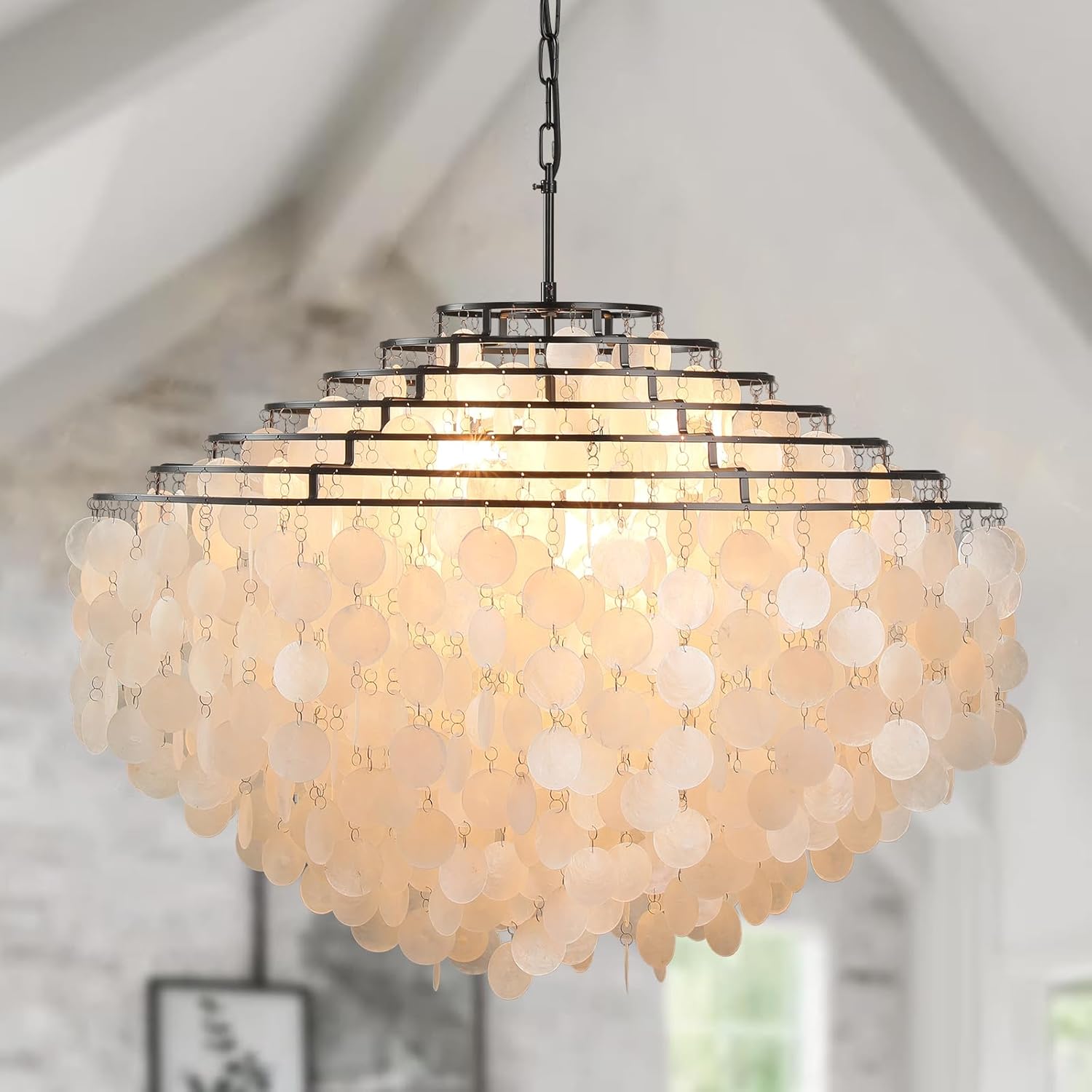 32 Inch Black Extra Large Capiz Shell Chandelier, 7 Tier Coastal Shell Farmhouse Modern Round High Ceiling Pendant Light Adjustable Chain, for Dining Room, Living Room 32" Coastal Black 7Tier Chandelier
