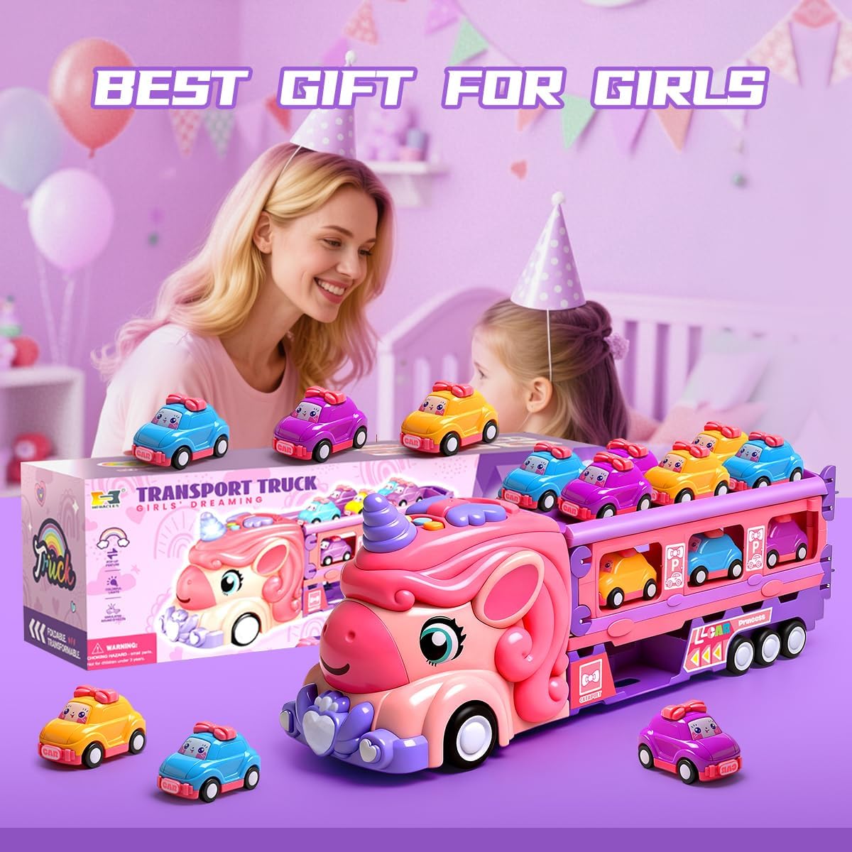 Unicorn Car Toys for Age 3 4 5 6 Year Old Toddler Girl, Foldable Track & 2 Player Race Mode Game, Light & Sound Push Transport Carrier Truck W/ 9 Princess Toy Cars, Birthday Gift for Girls Age 4-6